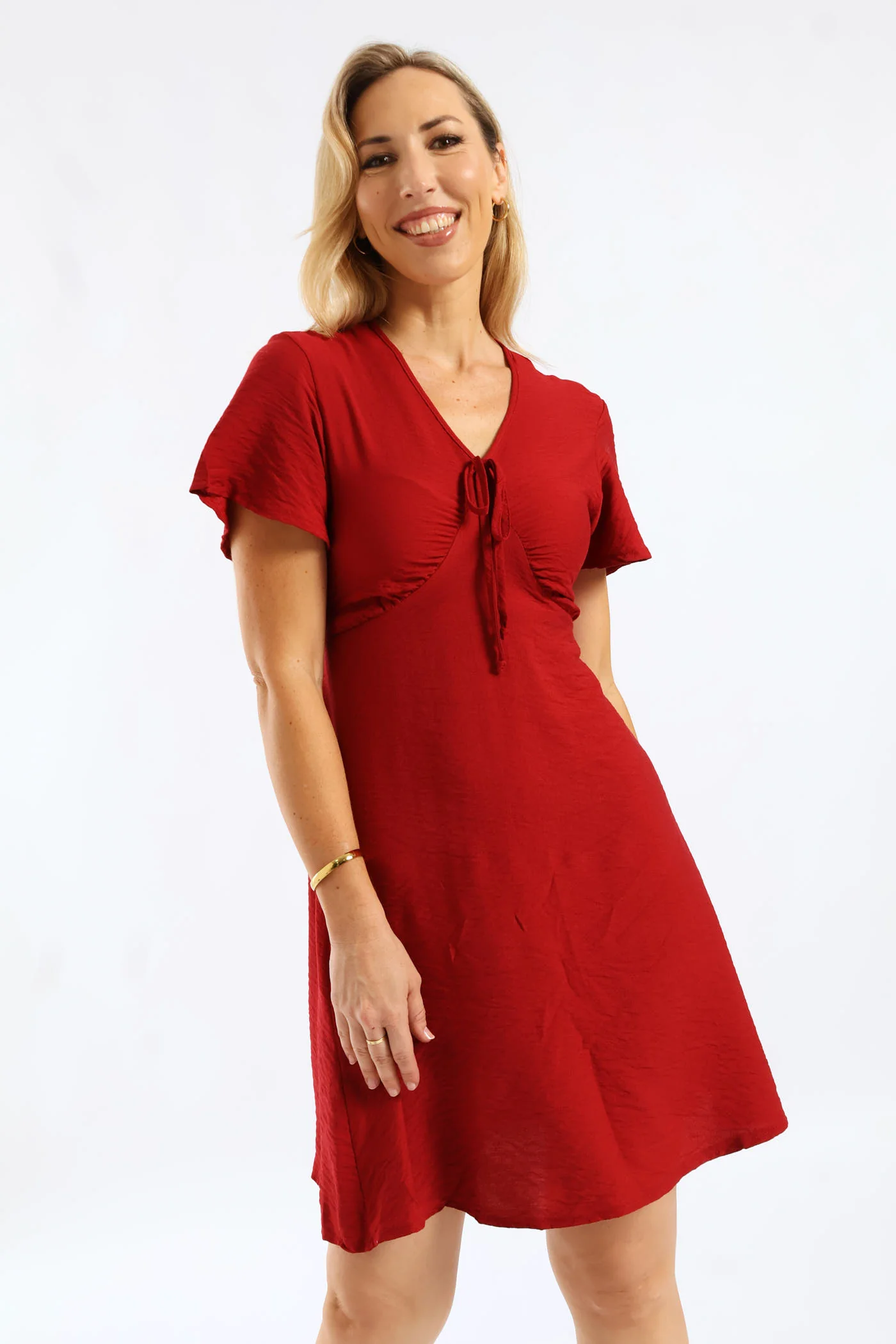 V-Neck Flutter Sleeve Tie-Back Flare Mini Dress - Rust - Image 4