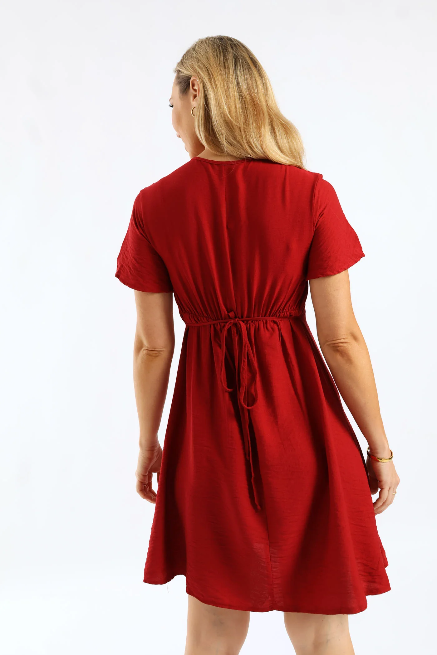V-Neck Flutter Sleeve Tie-Back Flare Mini Dress - Rust - Image 5