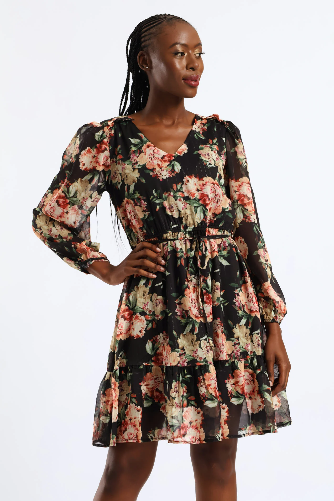V-Neck Frill Hem Floral Tea Dress - Cream/Green - Image 2