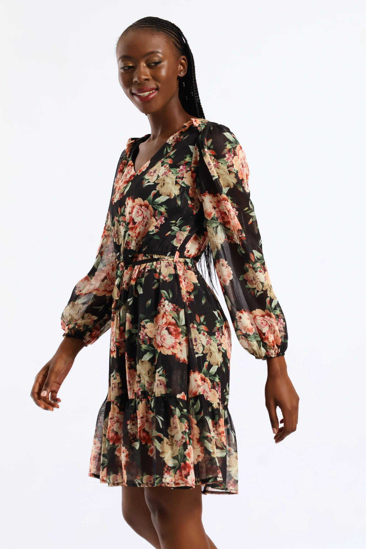 V-Neck Frill Hem Floral Tea Dress - Cream/Green - Image 3