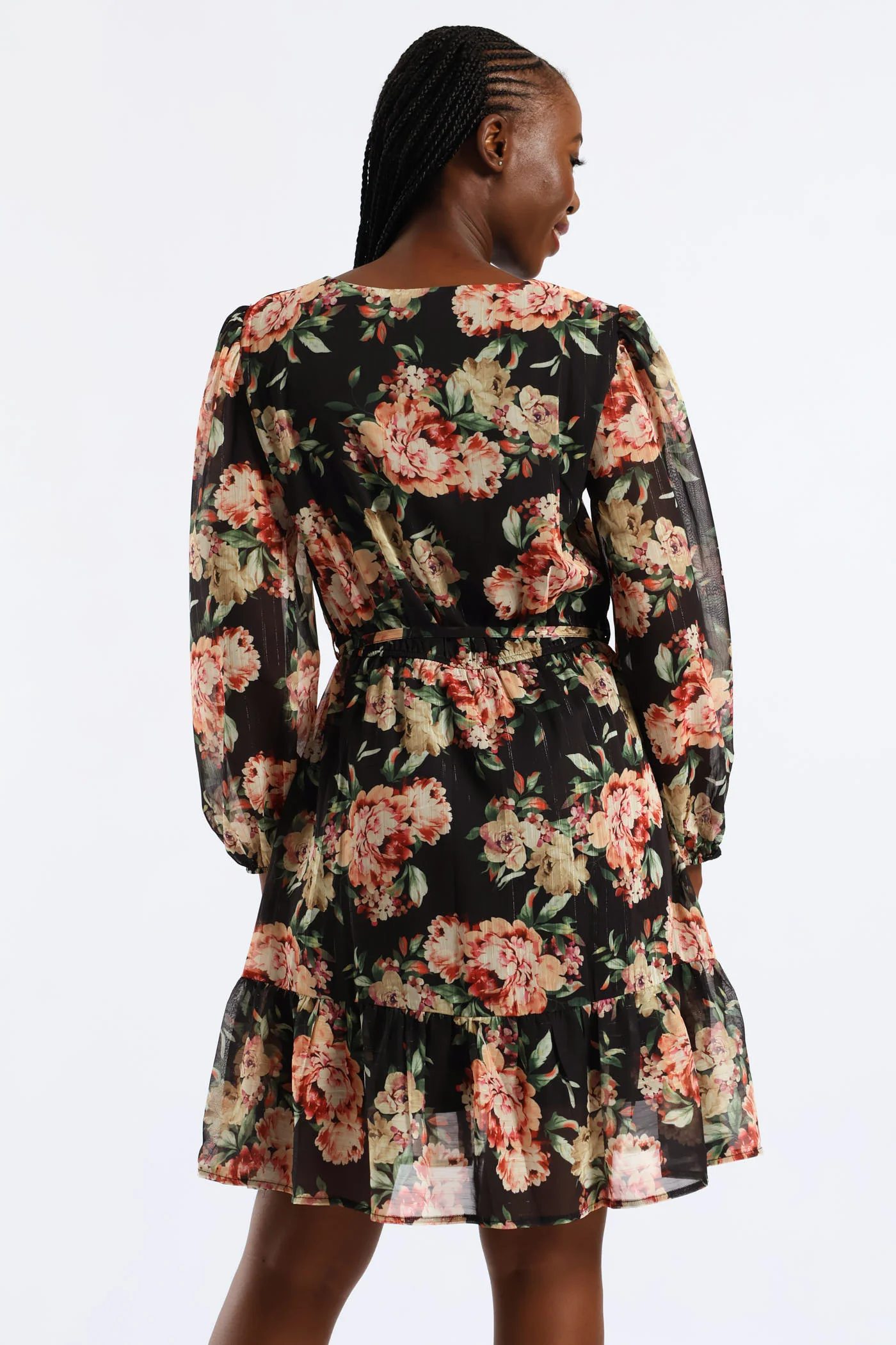 V-Neck Frill Hem Floral Tea Dress - Cream/Green - Image 4