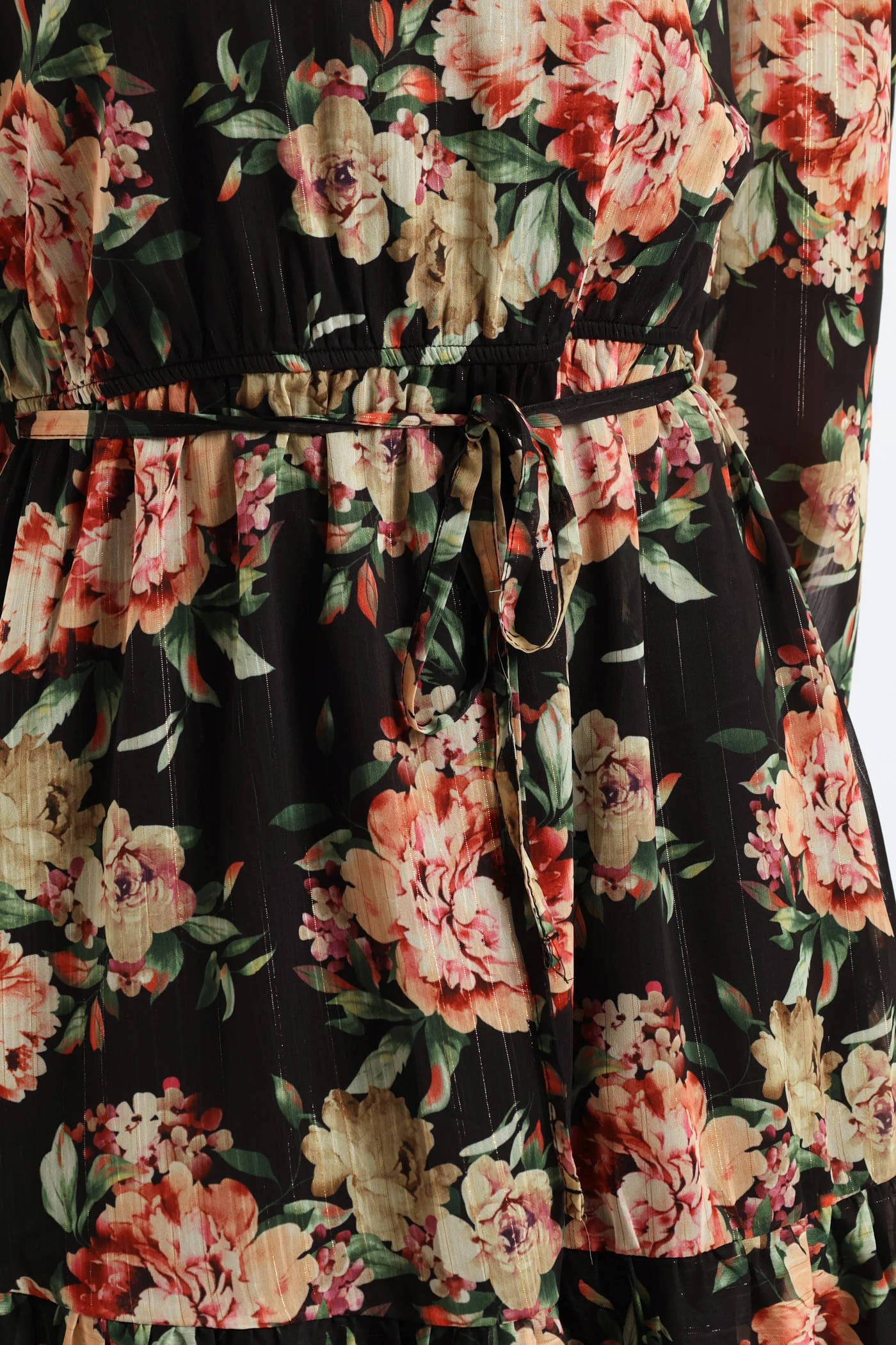 V-Neck Frill Hem Floral Tea Dress - Cream/Green - Image 5