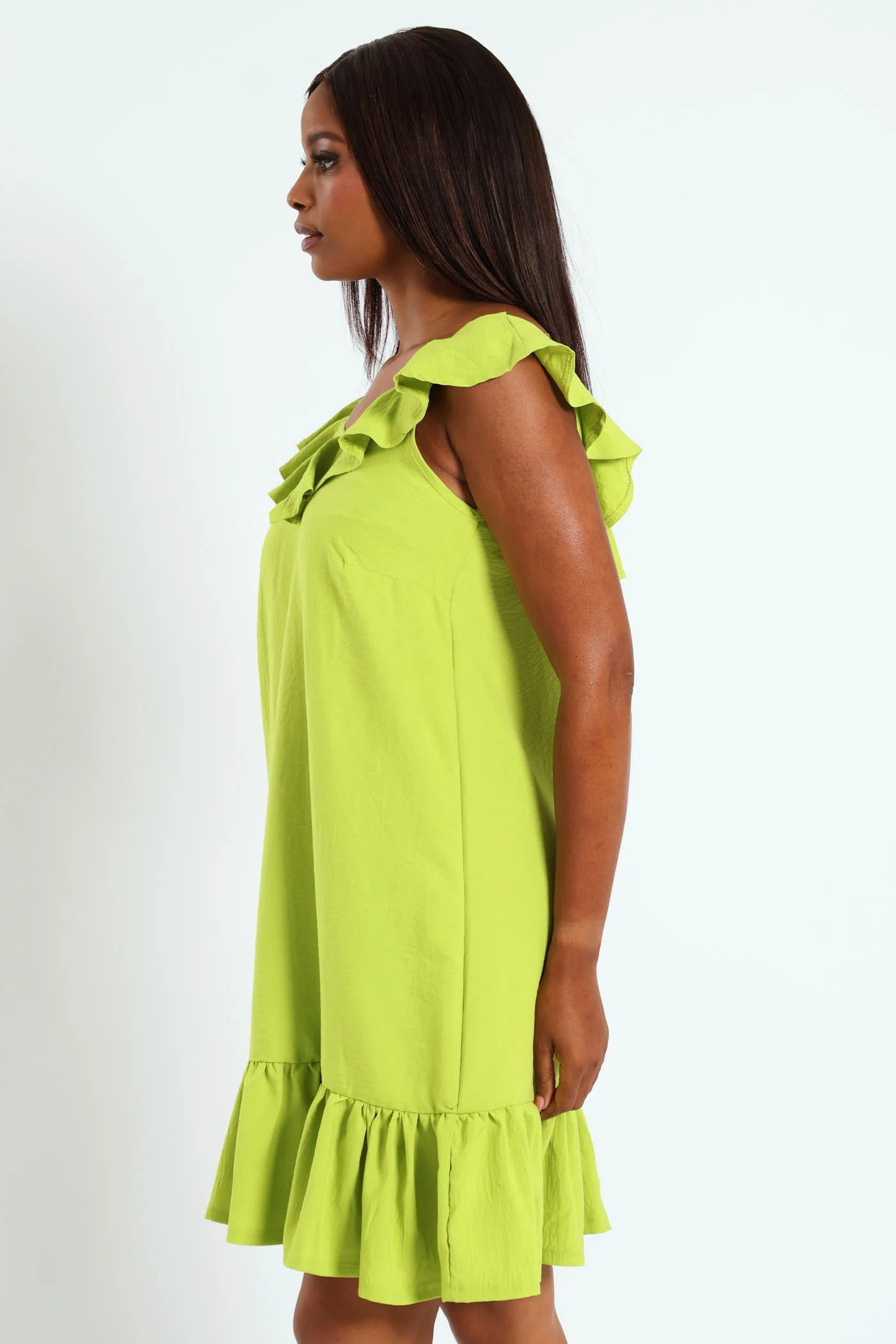 V-Neck Frill Hem Mini Dress - Lime - Image 3