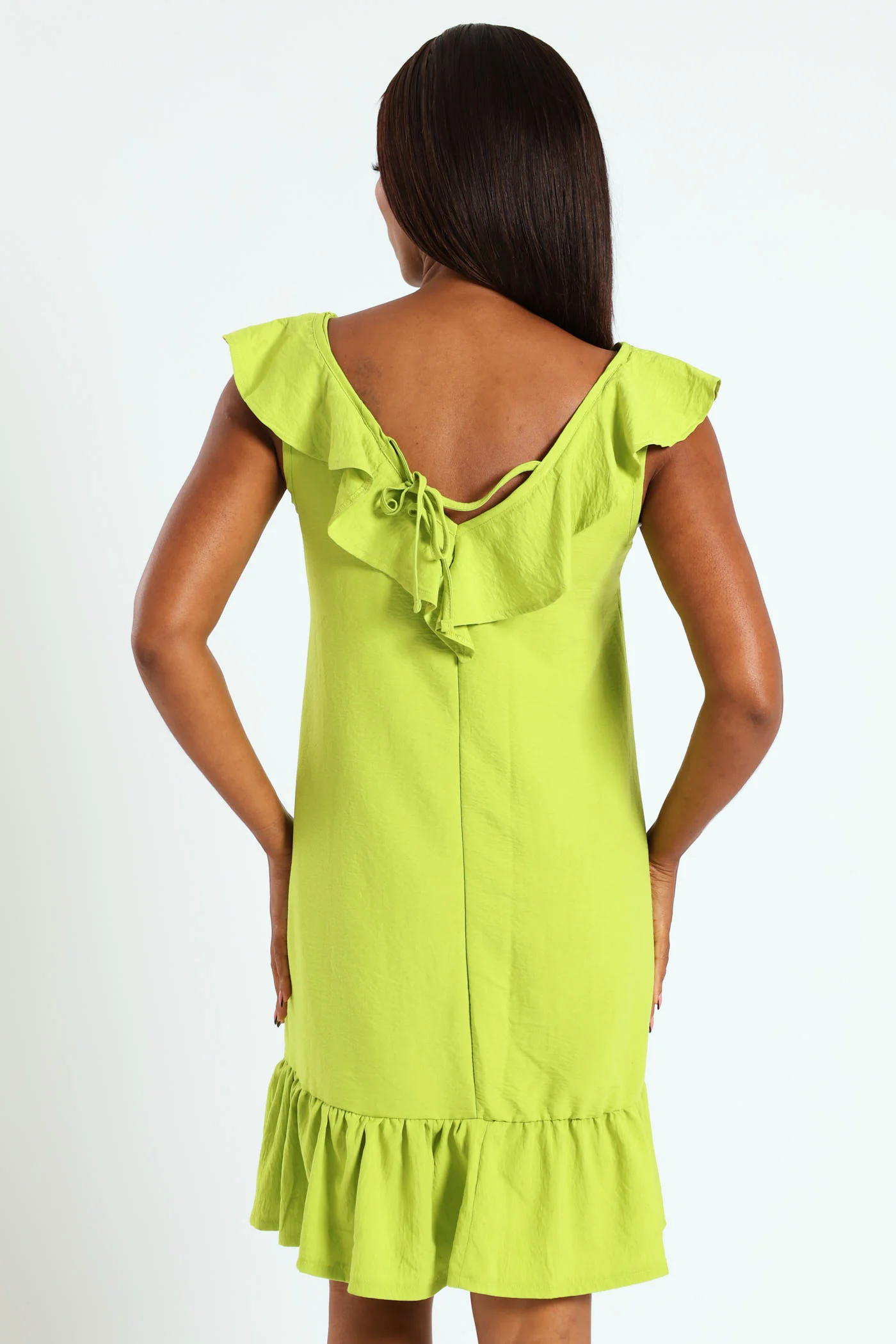 V-Neck Frill Hem Mini Dress - Lime - Image 4