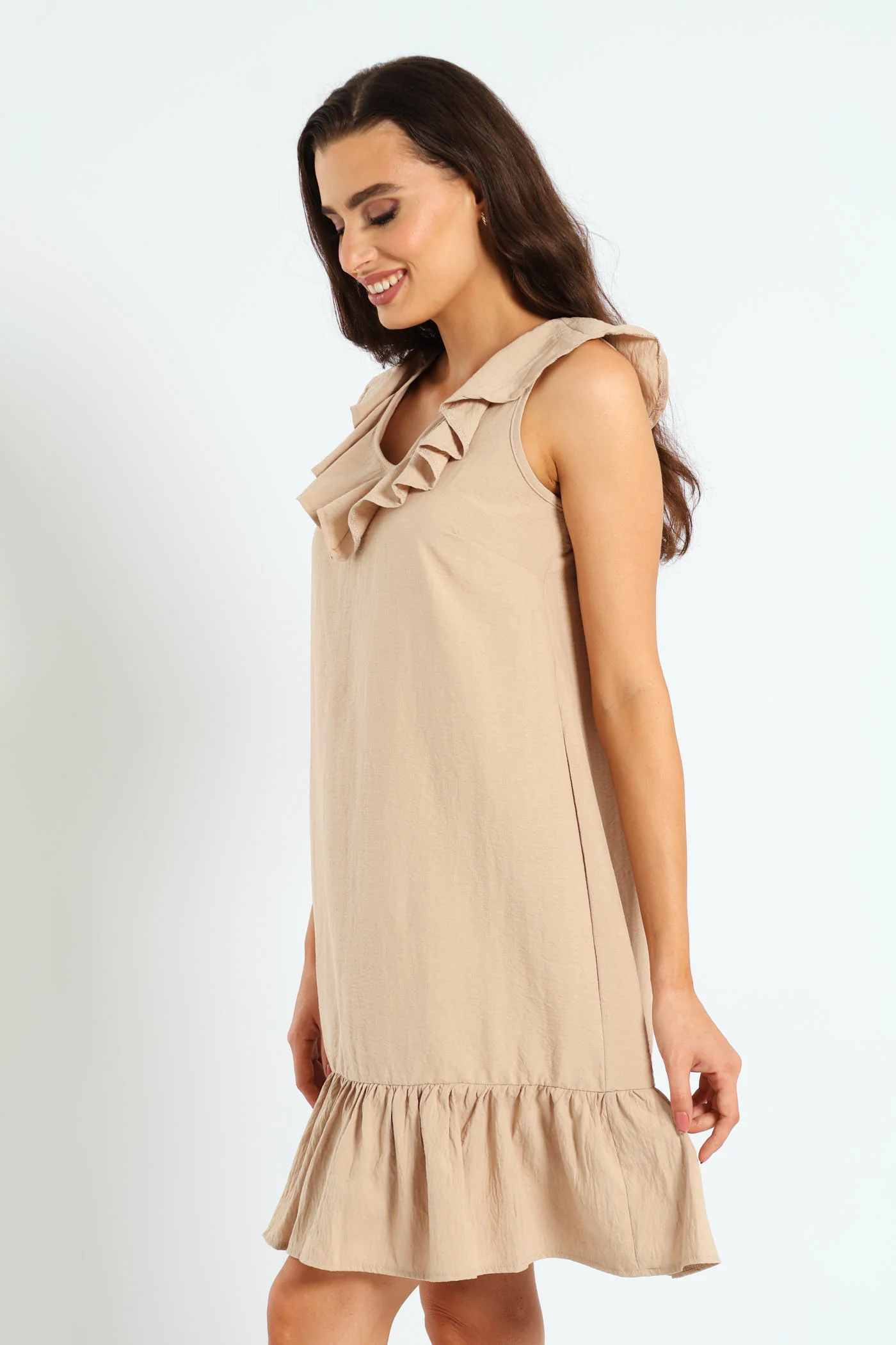 V-Neck Frill Hem Mini Dress - Stone - Image 2