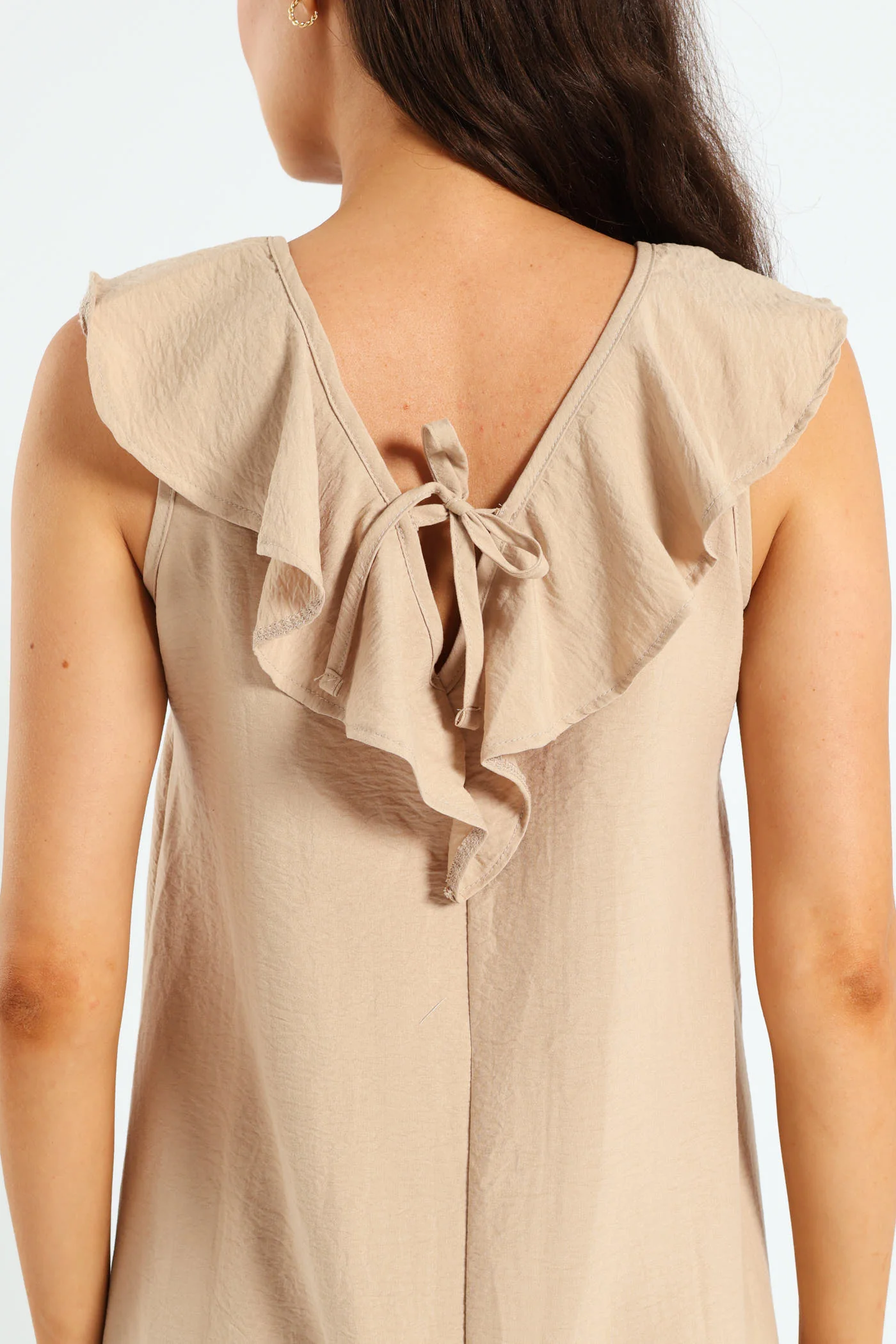 V-Neck Frill Hem Mini Dress - Stone - Image 4