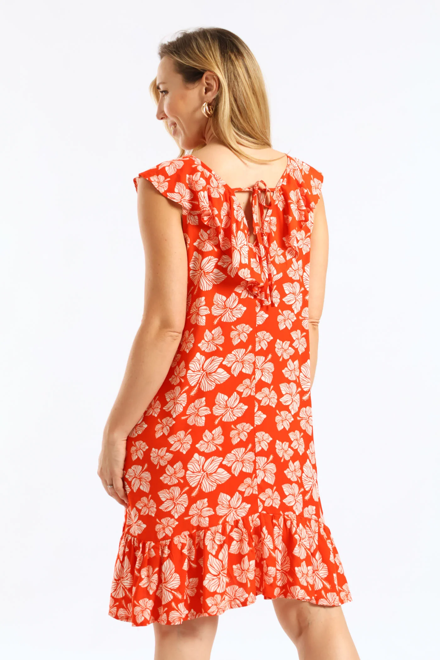 V-Neck Frill Hem Print Mini Dress - Orange/White - Image 4