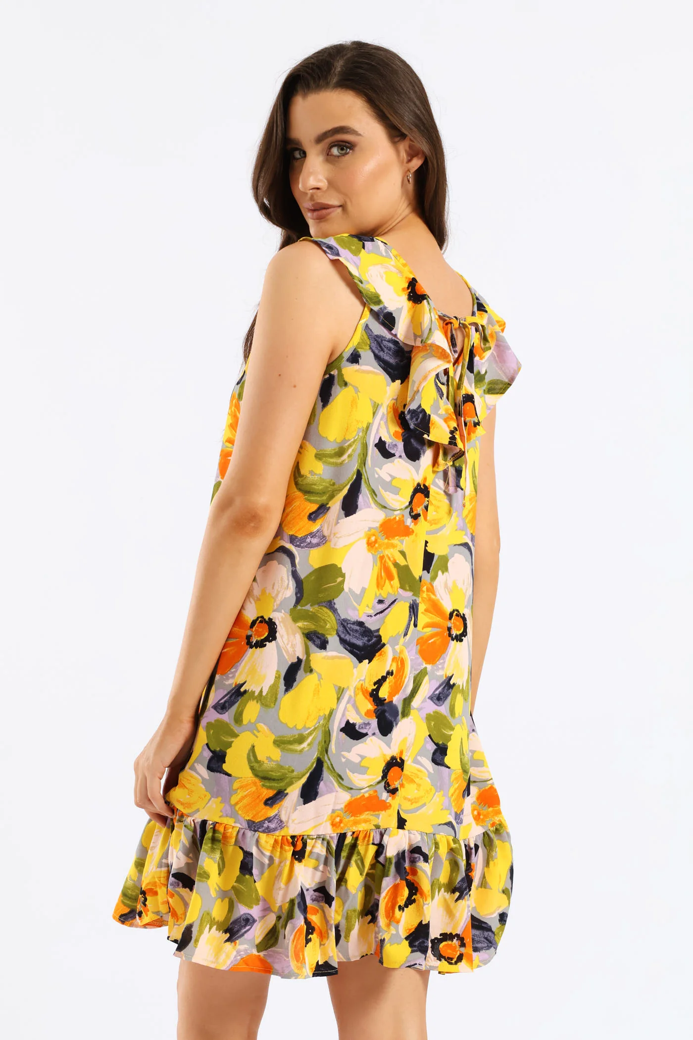 V-Neck Frill Hem Printed Mini Dress - Multi - Image 3