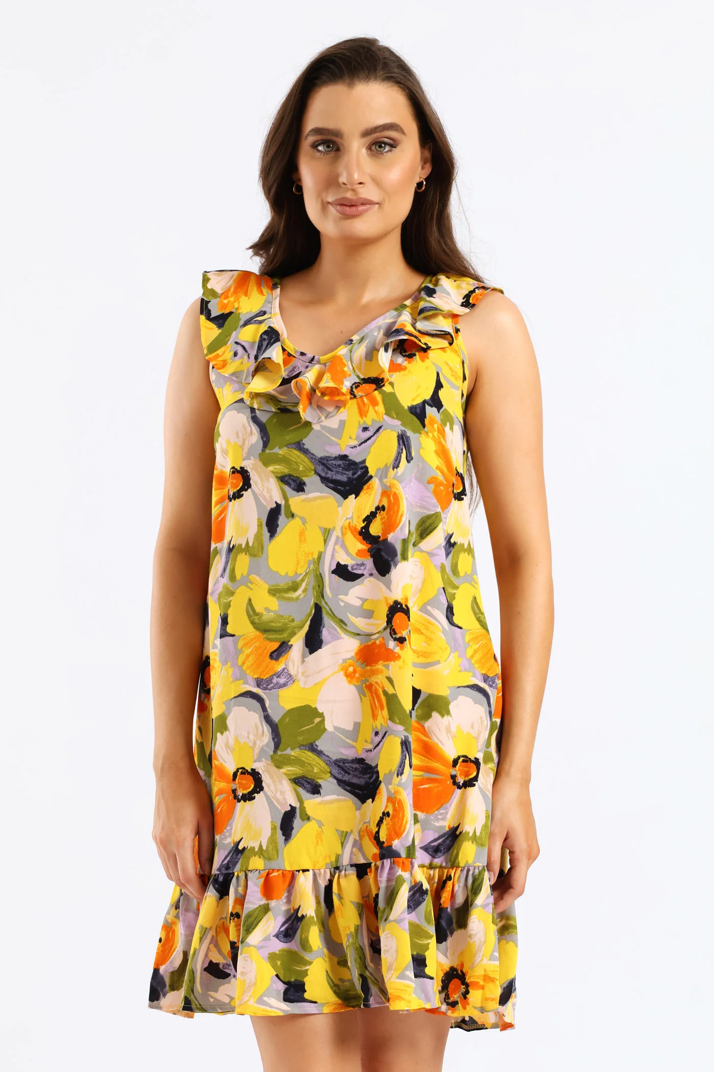 V-Neck Frill Hem Printed Mini Dress - Multi - Image 4