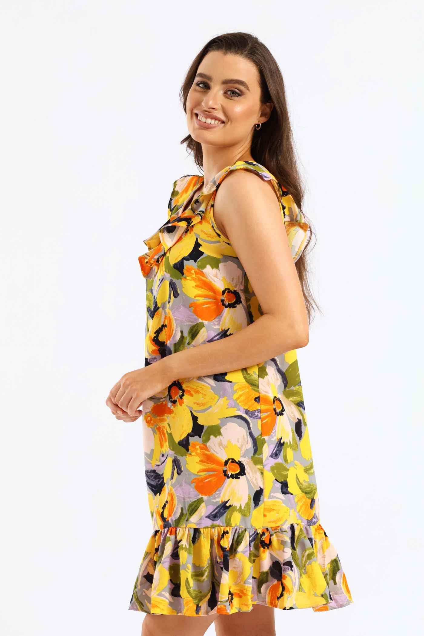 V-Neck Frill Hem Printed Mini Dress - Multi - Image 5