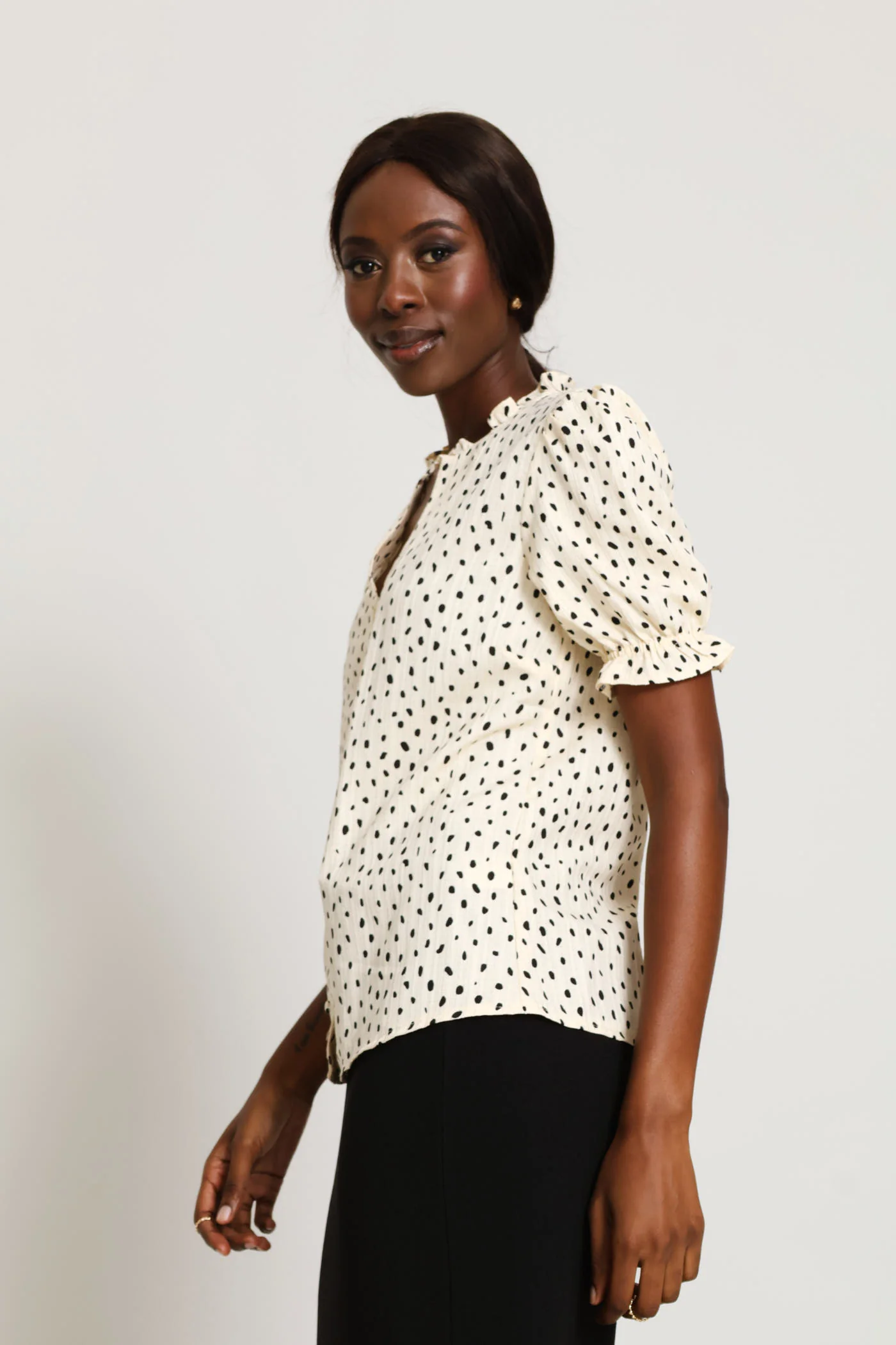 V-Neck Frill Neck Spot Blouse - Cream - Image 3