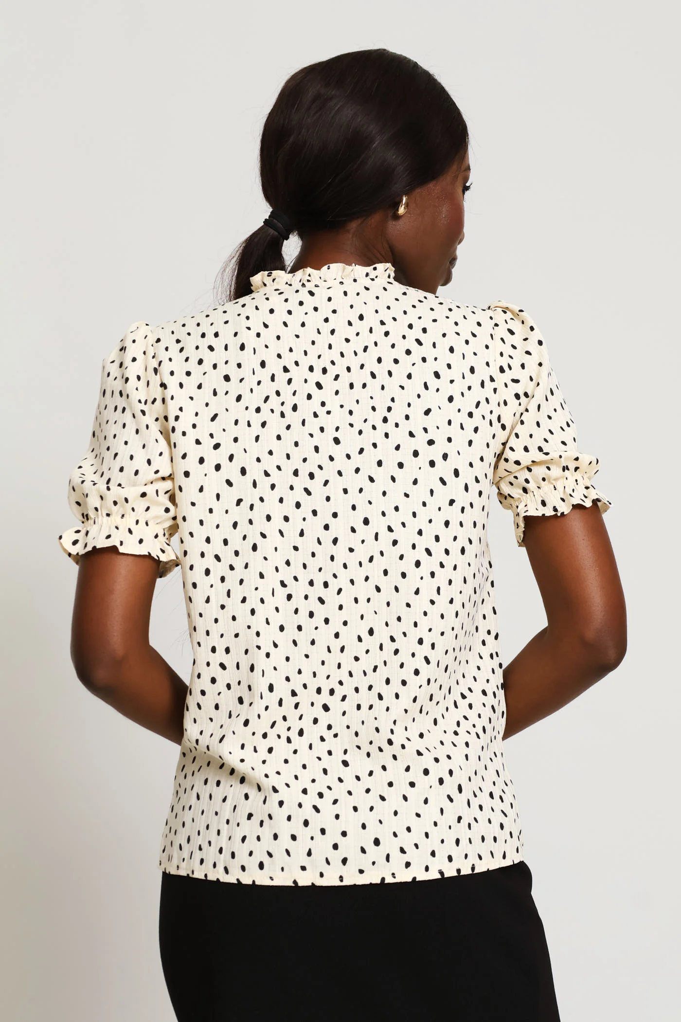 V-Neck Frill Neck Spot Blouse - Cream - Image 4