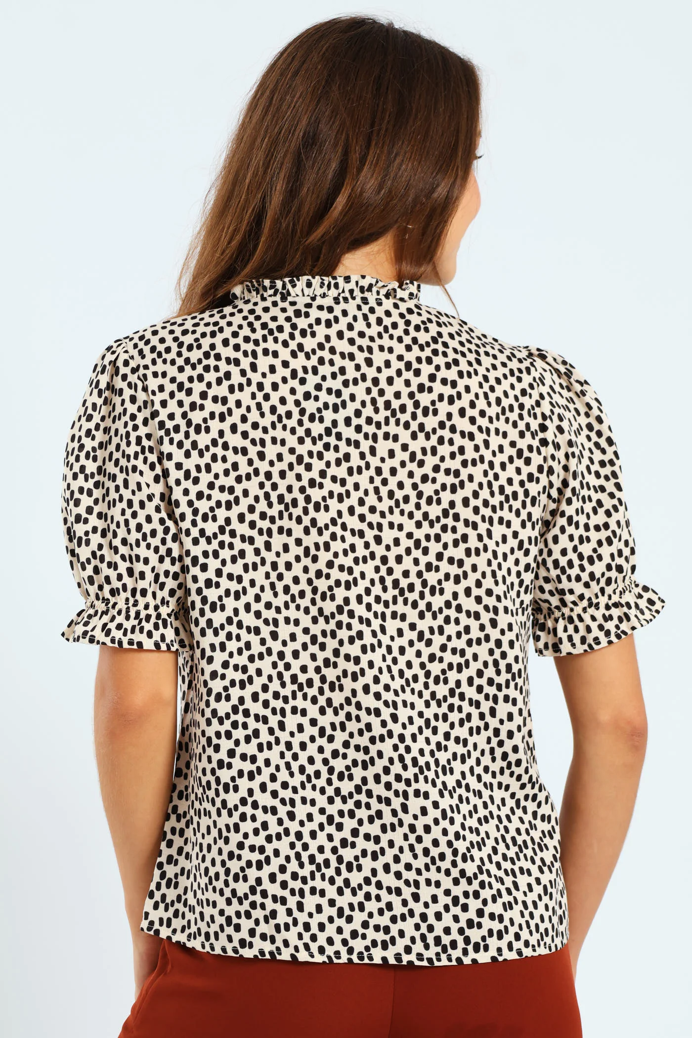 V-Neck Frill Puff Sleeve Blouse - Stone - Image 4