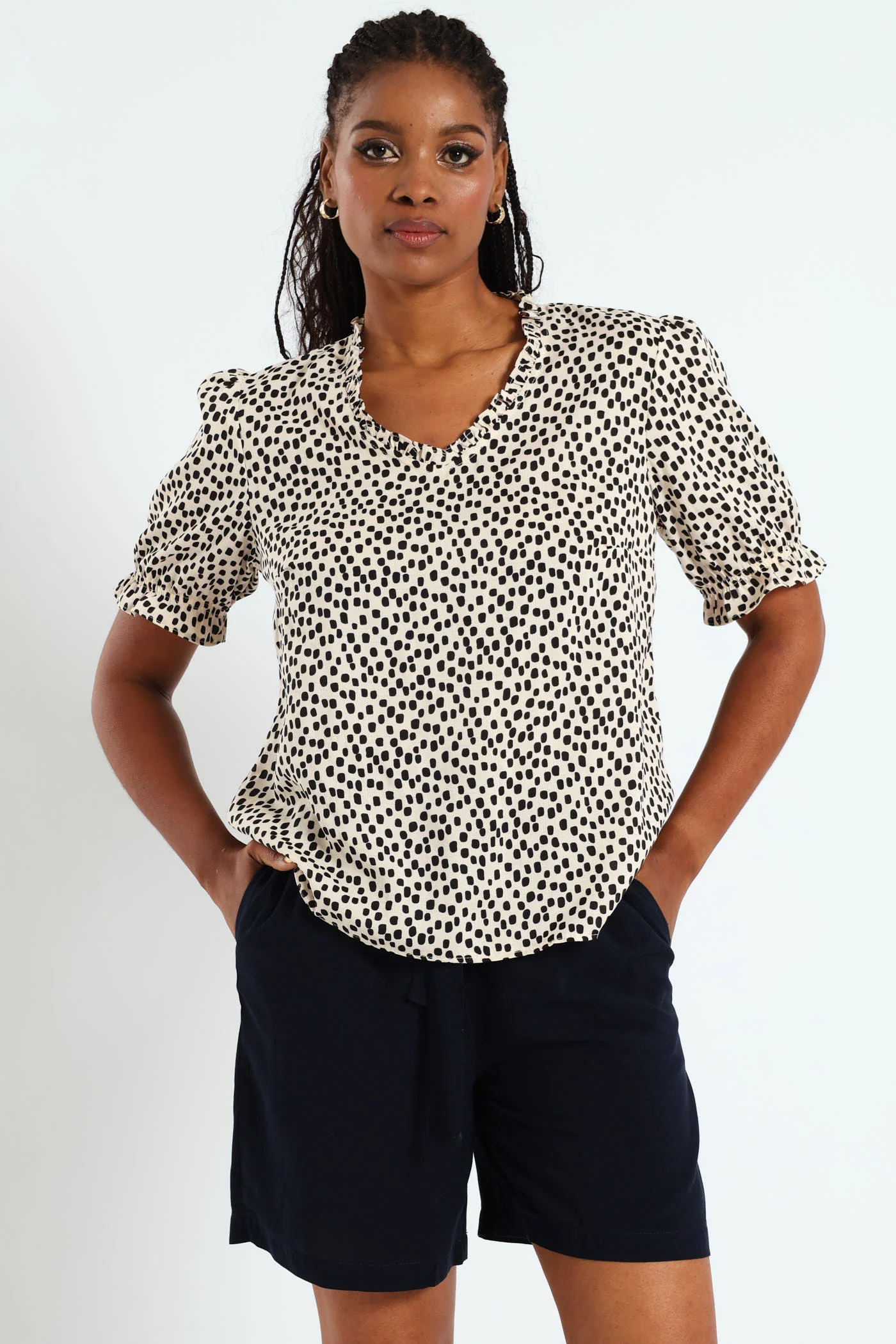 V-Neck Frill Puff Sleeve Blouse - Stone - Image 5