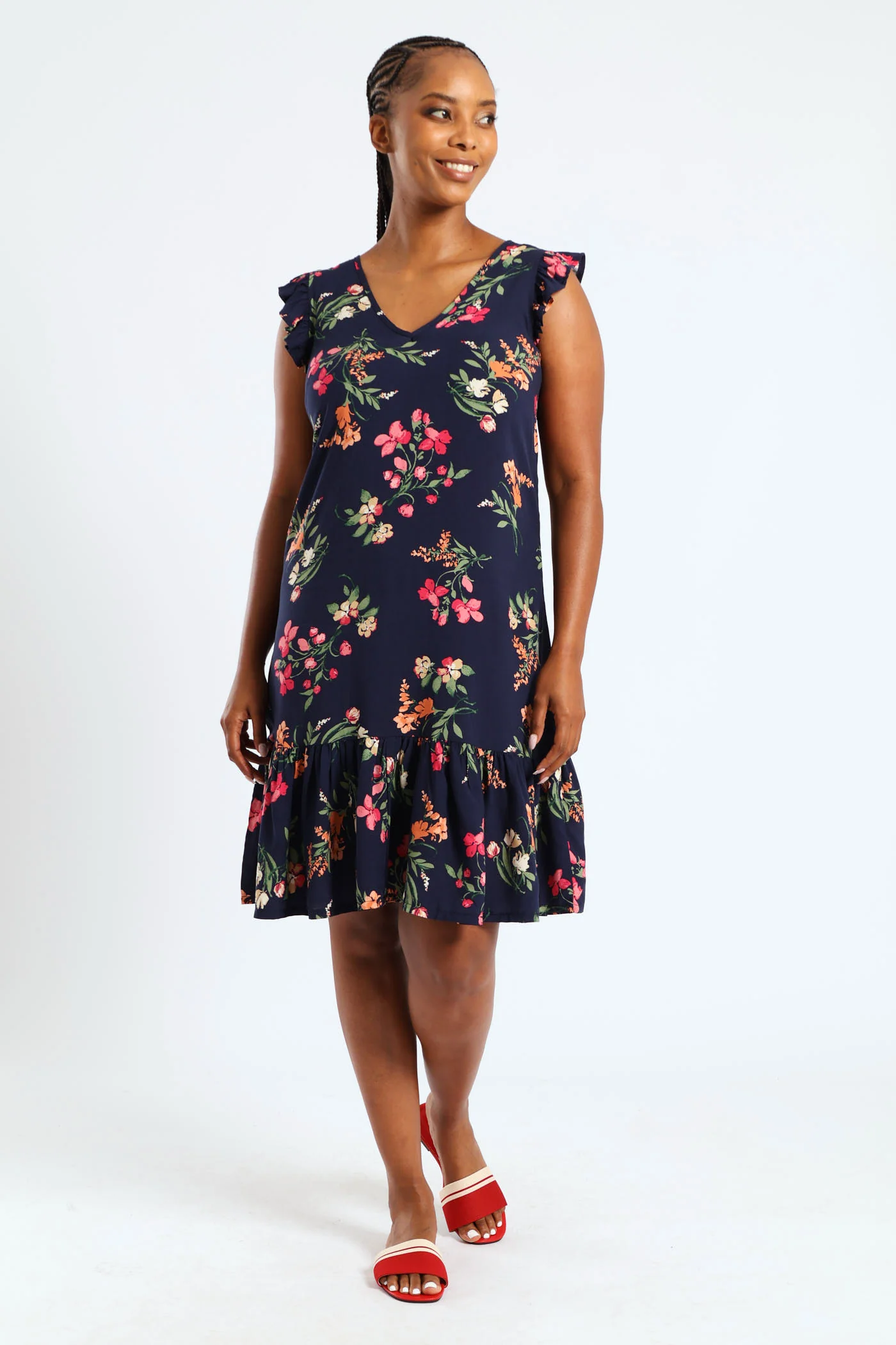 V-Neck Frill Sleeve Drop Hem Printed Mini Dress - Navy - Image 2