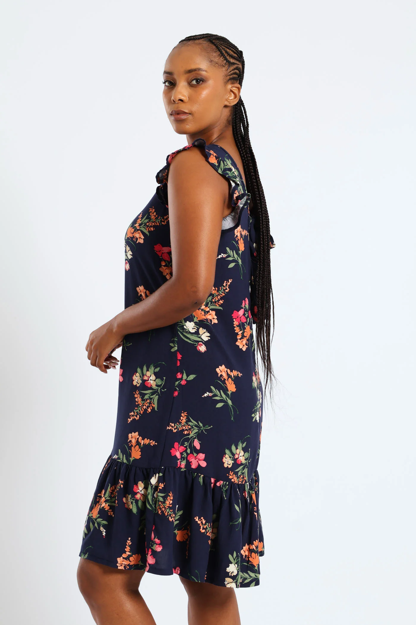 V-Neck Frill Sleeve Drop Hem Printed Mini Dress - Navy - Image 3