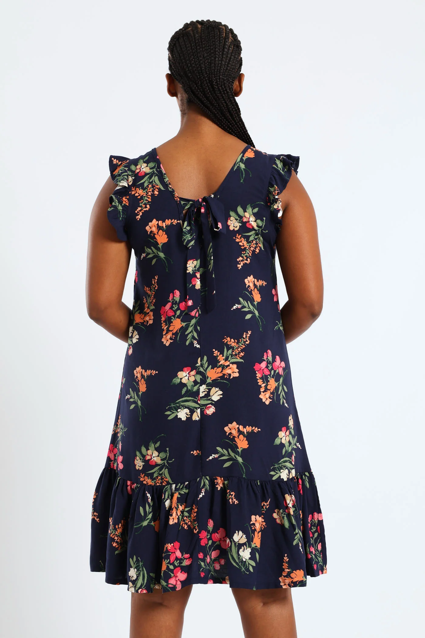 V-Neck Frill Sleeve Drop Hem Printed Mini Dress - Navy - Image 4