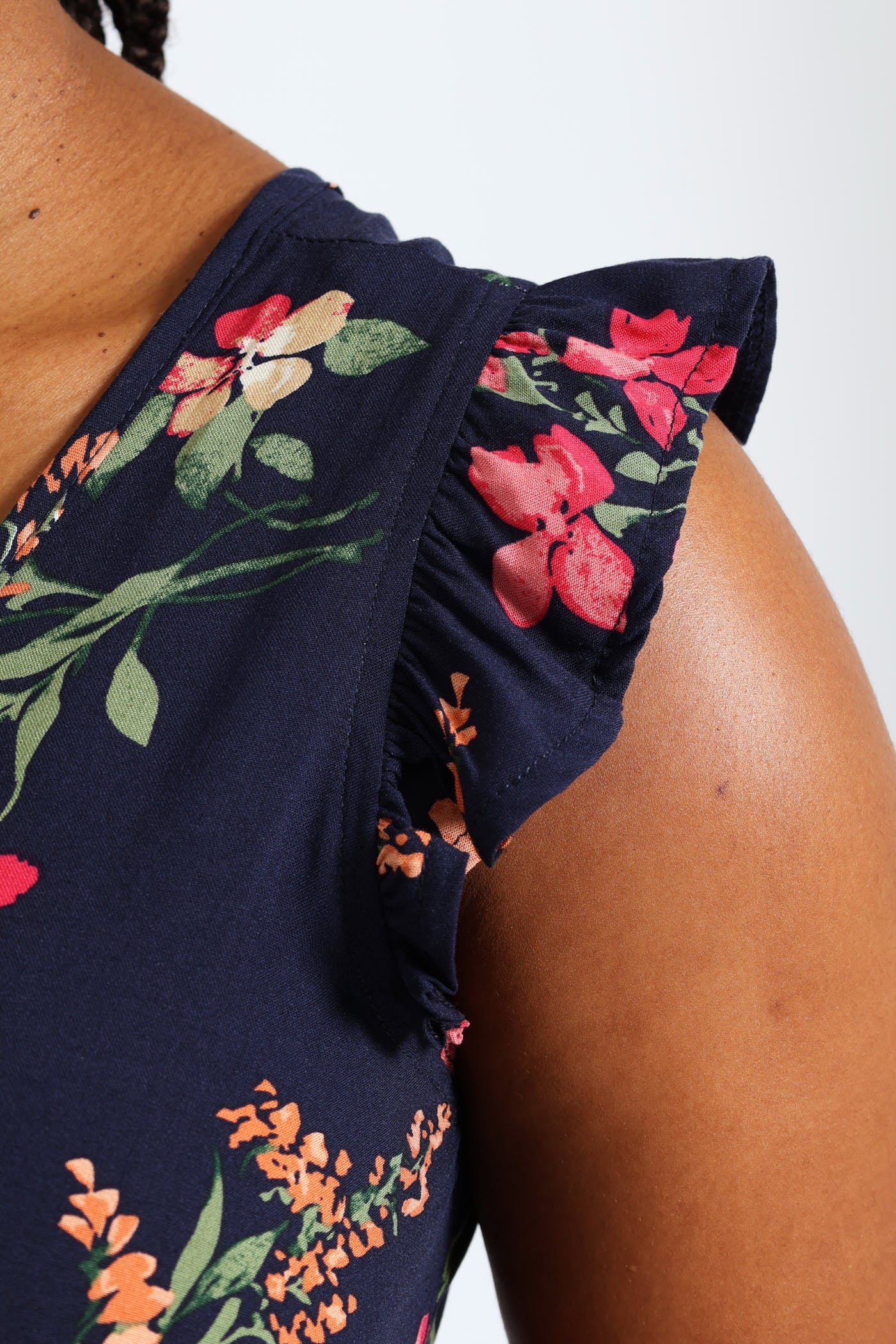 V-Neck Frill Sleeve Drop Hem Printed Mini Dress - Navy - Image 5