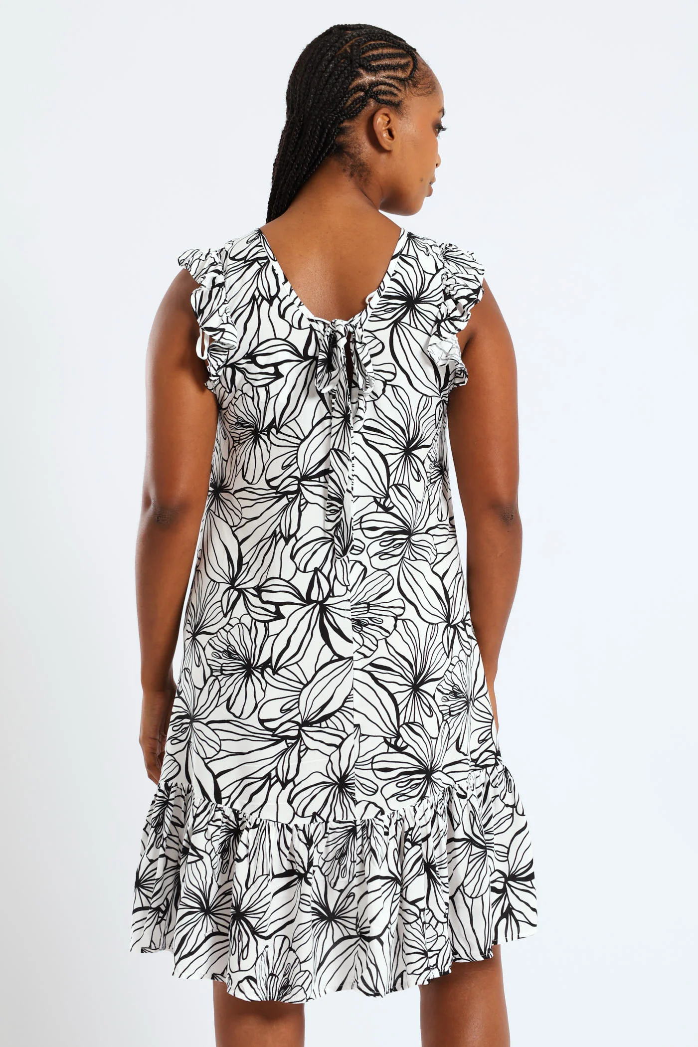 V-Neck Frill Sleeve Drop Hem Printed Mini Dress - White/Black - Image 5