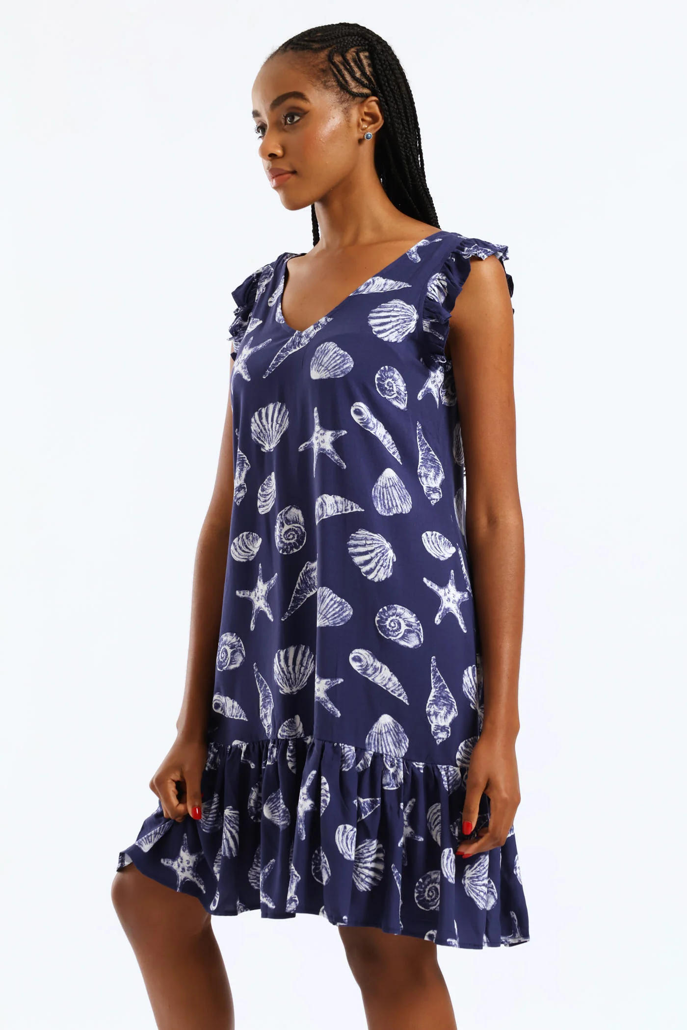 V-Neck Frill Sleeve Drop Hem Tie Detail Print Mini Dress - Navy/White - Image 3