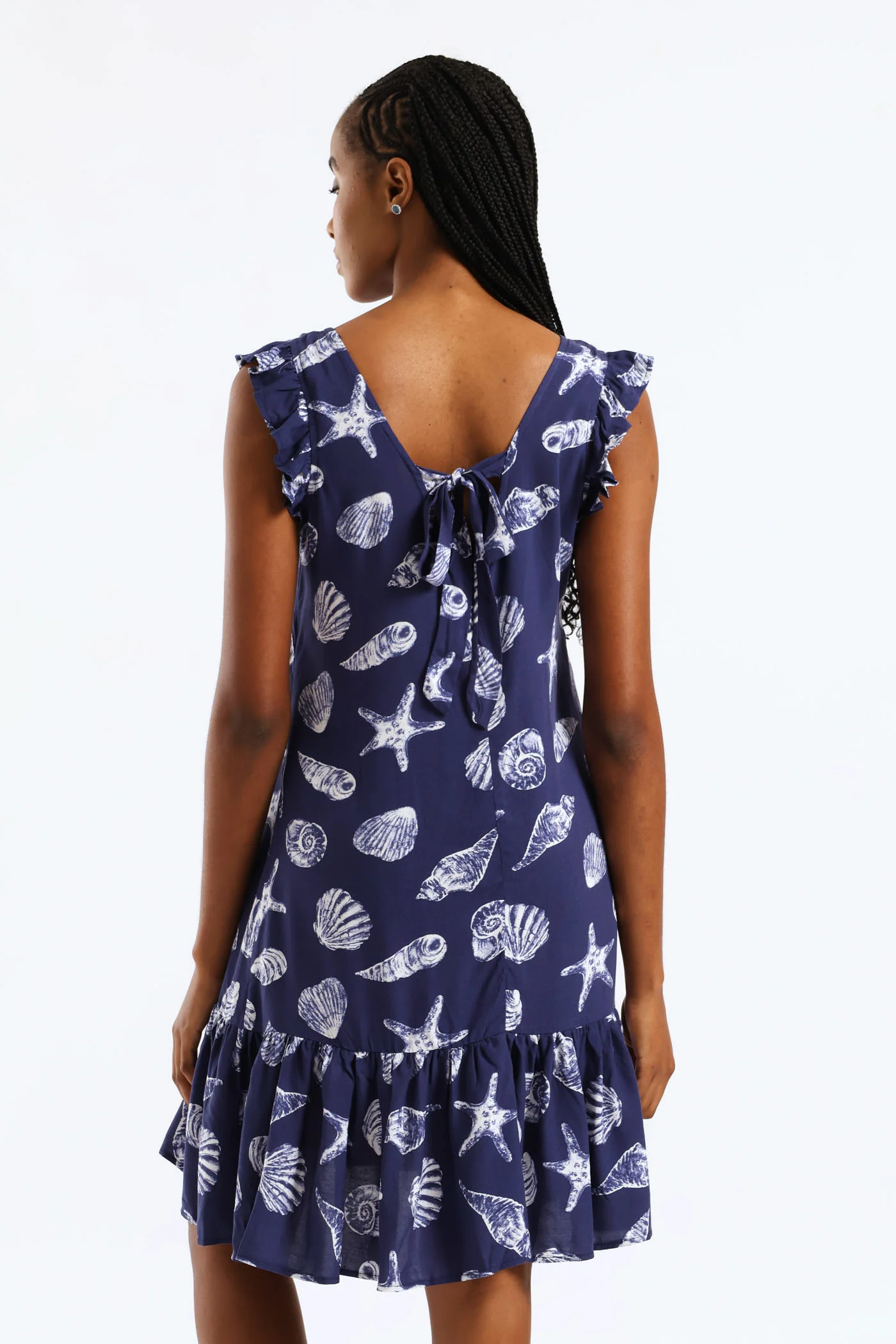 V-Neck Frill Sleeve Drop Hem Tie Detail Print Mini Dress - Navy/White - Image 4