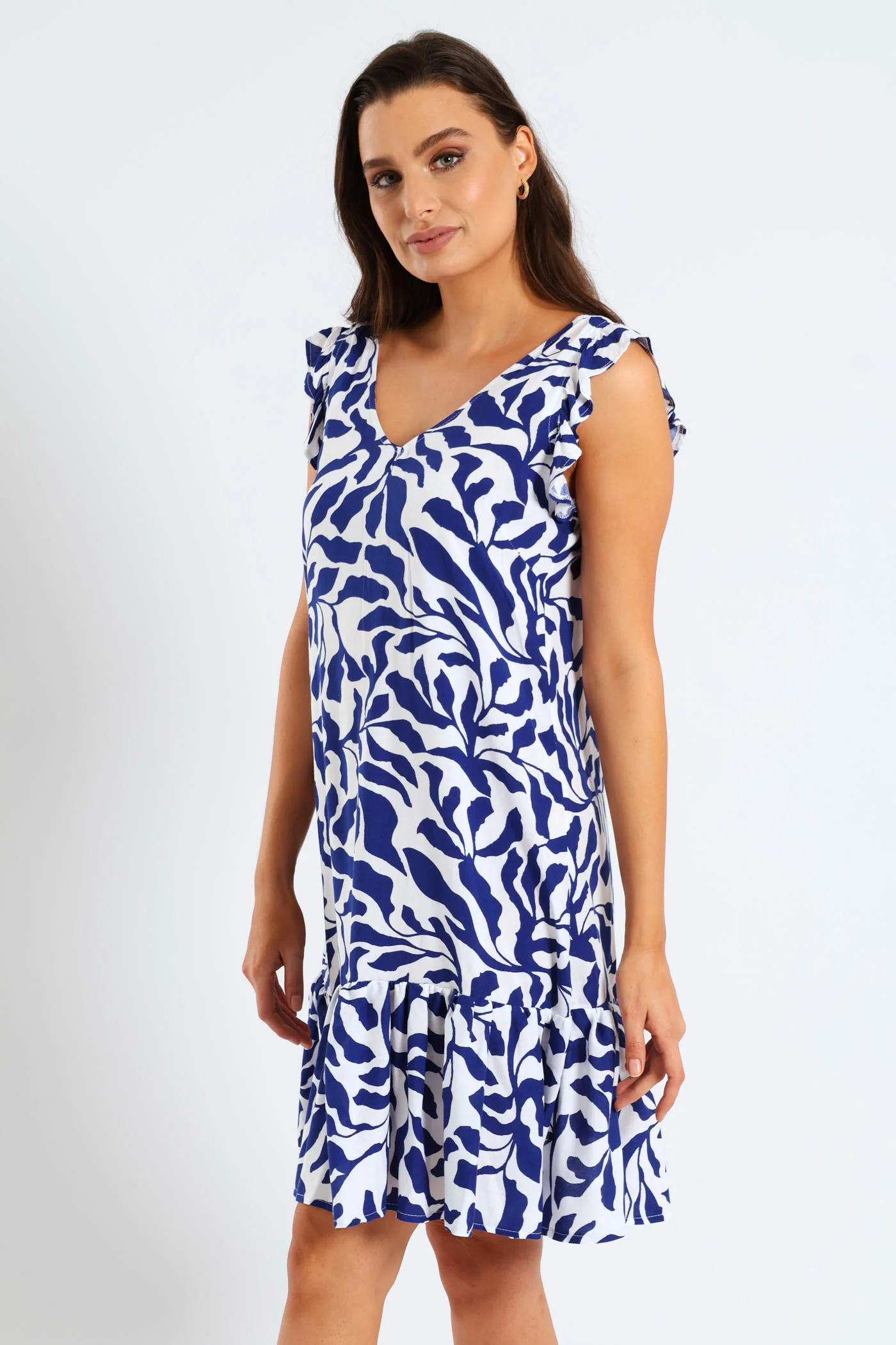 V-Neck Frill Sleeve Drop Hem Tie Detail Printed Mini Dress - Navy/White - Image 4