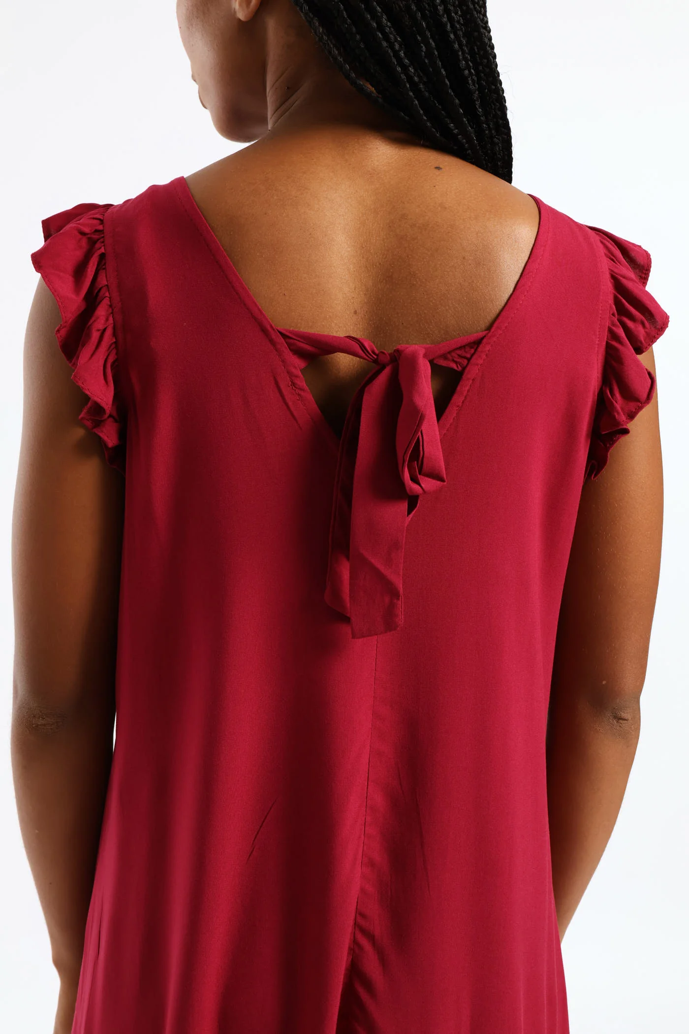 V-Neck Frill Sleeve Tie Detail Drop Hem Mini Dress - Beet - Image 2