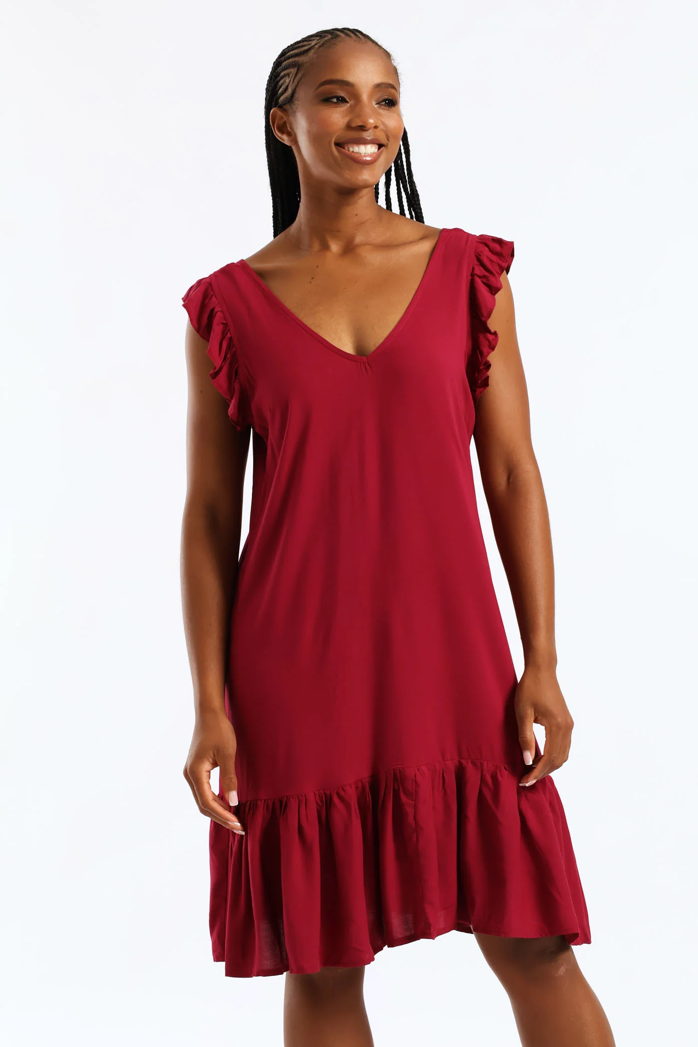 V-Neck Frill Sleeve Tie Detail Drop Hem Mini Dress - Beet - Image 3