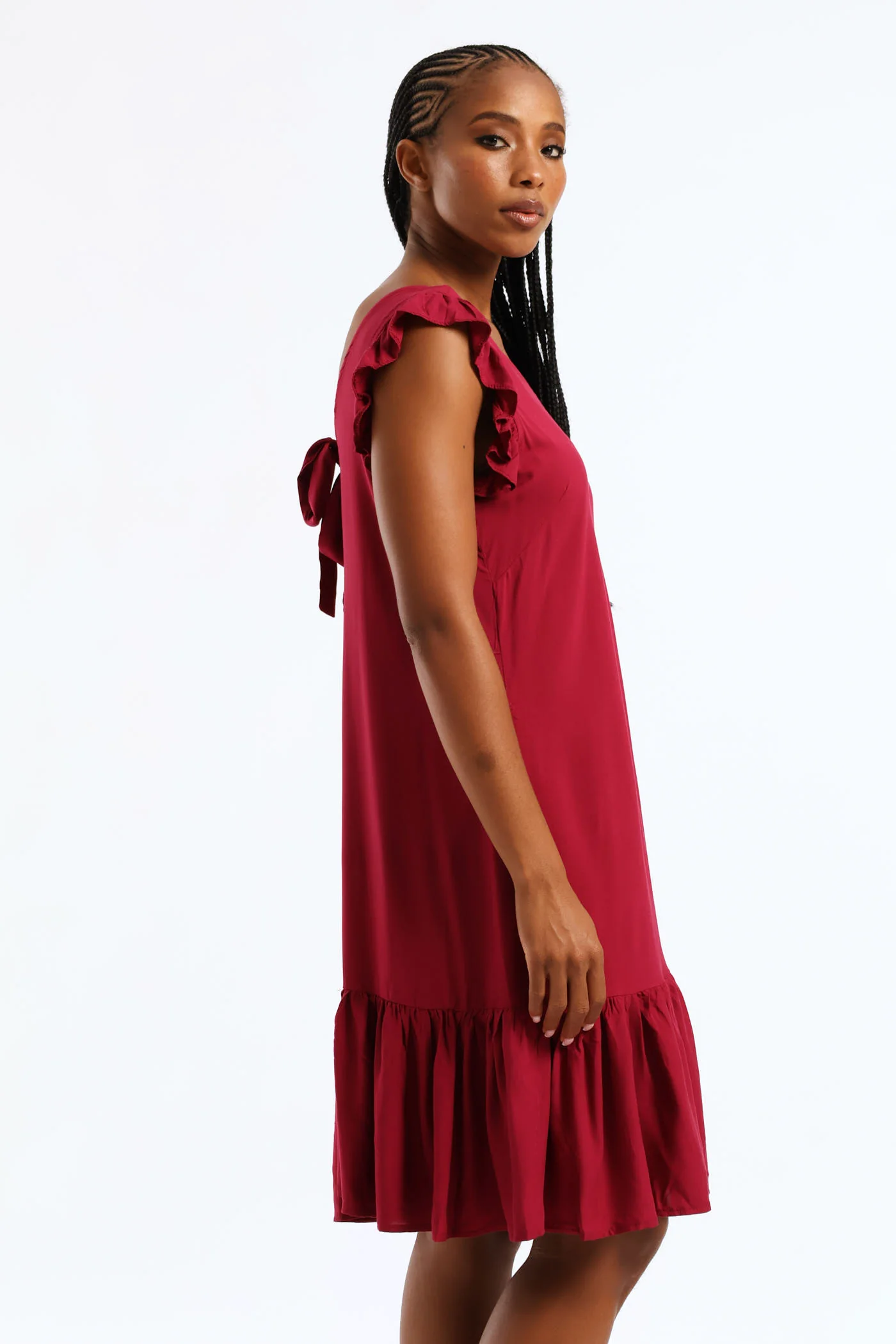 V-Neck Frill Sleeve Tie Detail Drop Hem Mini Dress - Beet - Image 4
