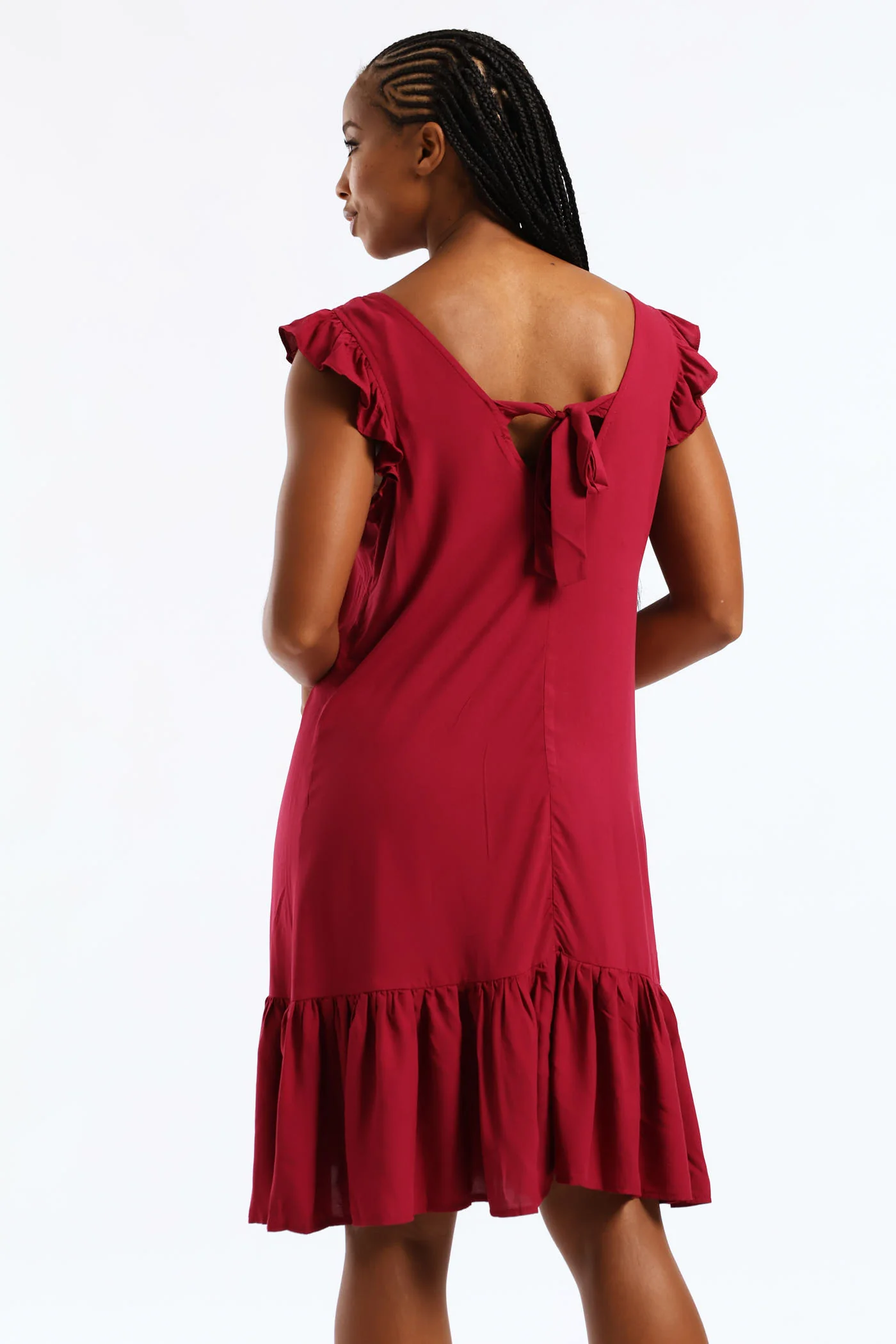 V-Neck Frill Sleeve Tie Detail Drop Hem Mini Dress - Beet - Image 5