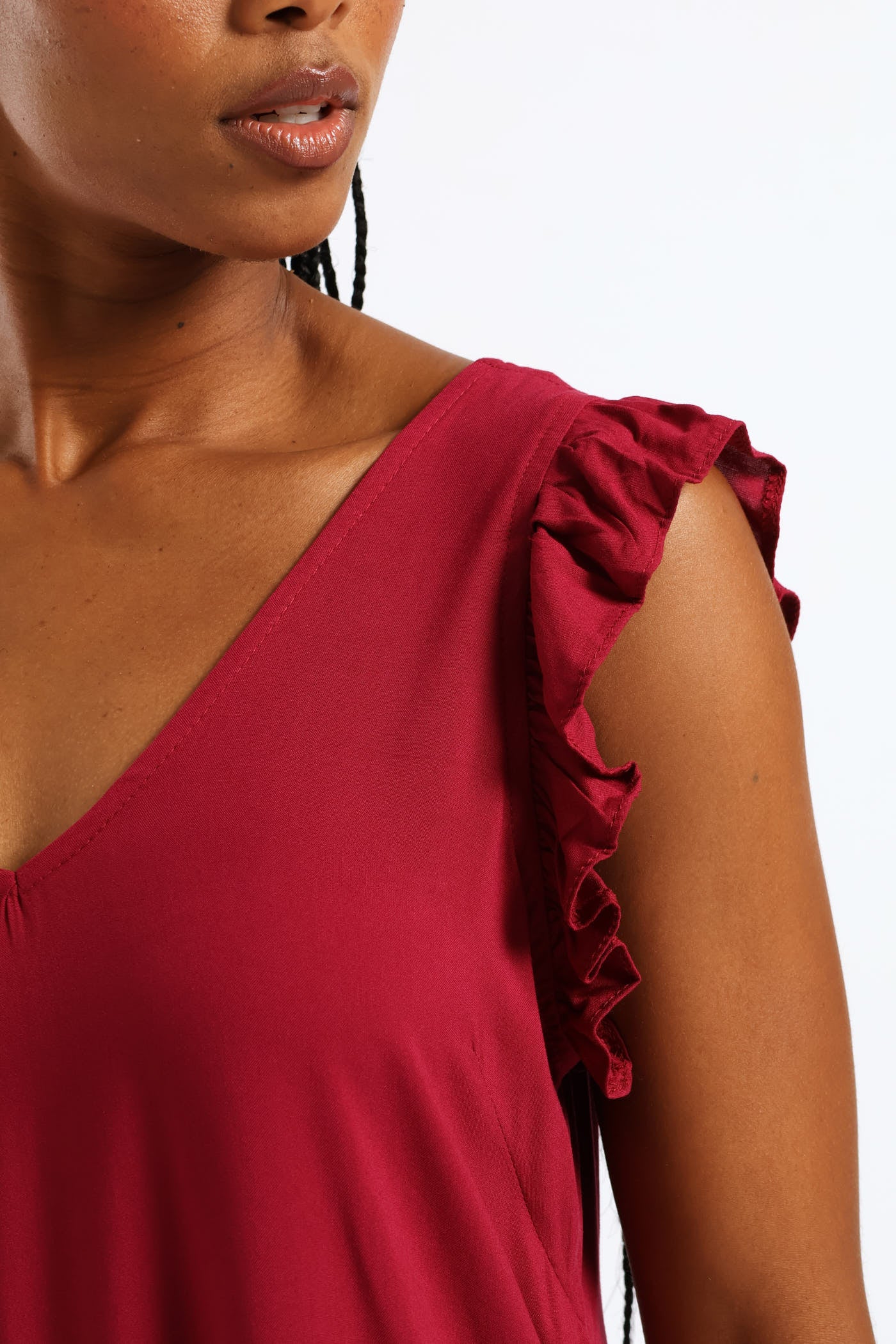 V-Neck Frill Sleeve Tie Detail Drop Hem Mini Dress - Beet - Image 6