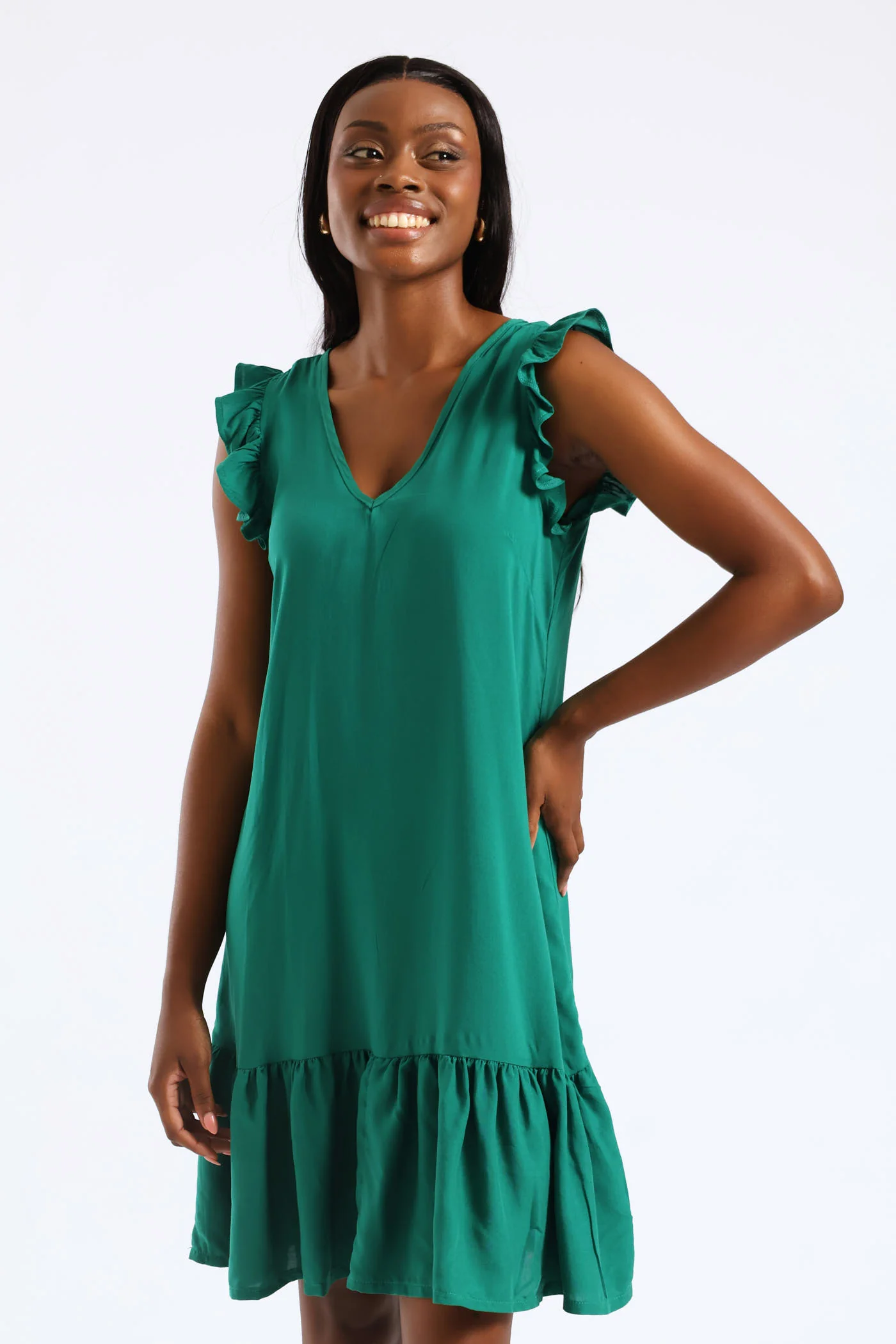 V-Neck Frill Sleeve Tie Detail Drop Hem Mini Dress - Meadow Green - Image 3