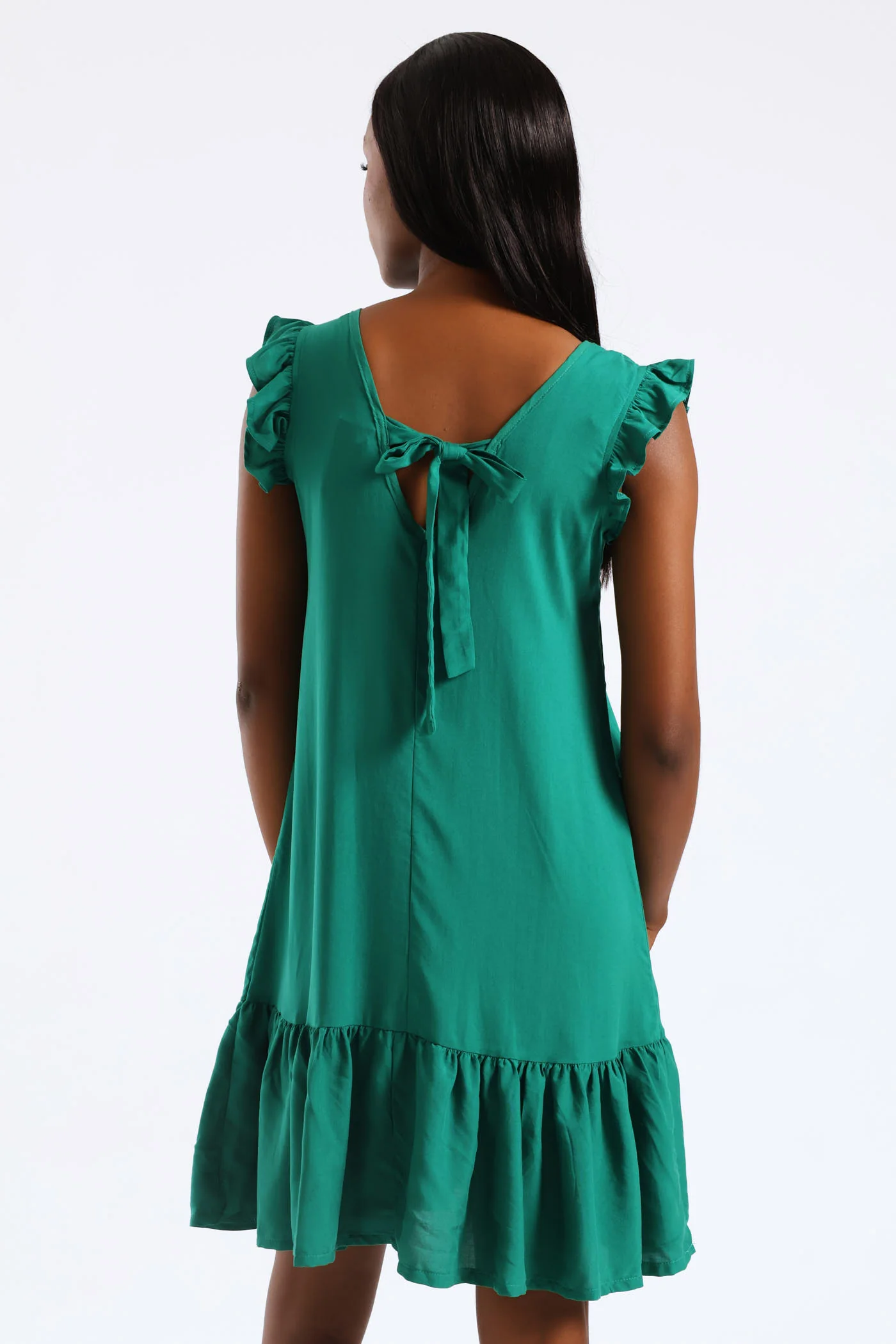 V-Neck Frill Sleeve Tie Detail Drop Hem Mini Dress - Meadow Green - Image 5
