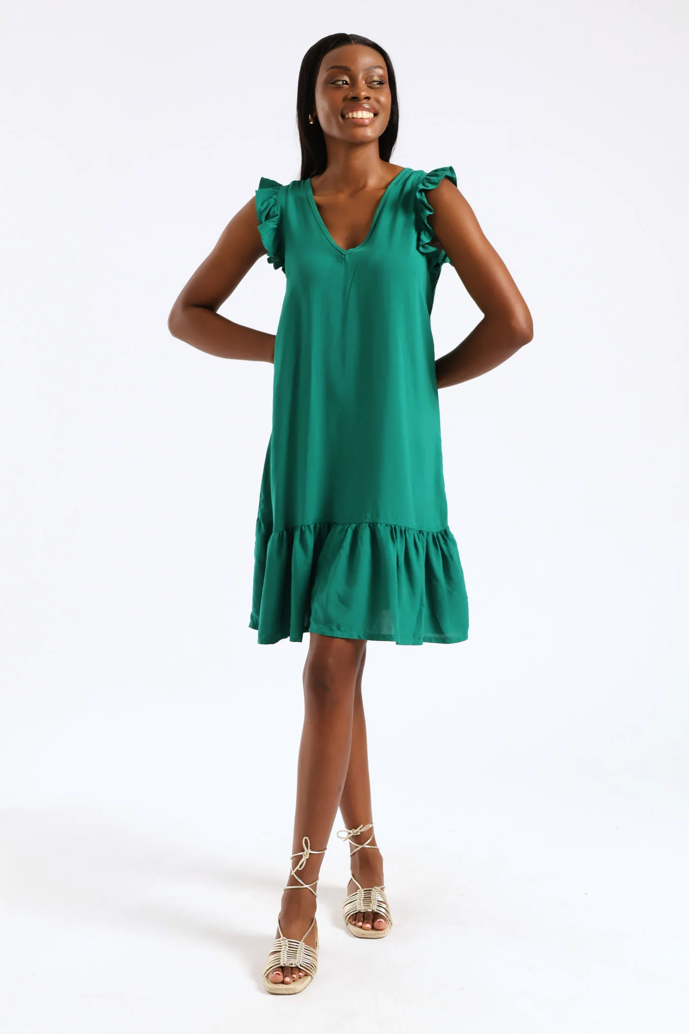 V-Neck Frill Sleeve Tie Detail Drop Hem Mini Dress - Meadow Green - Image 6