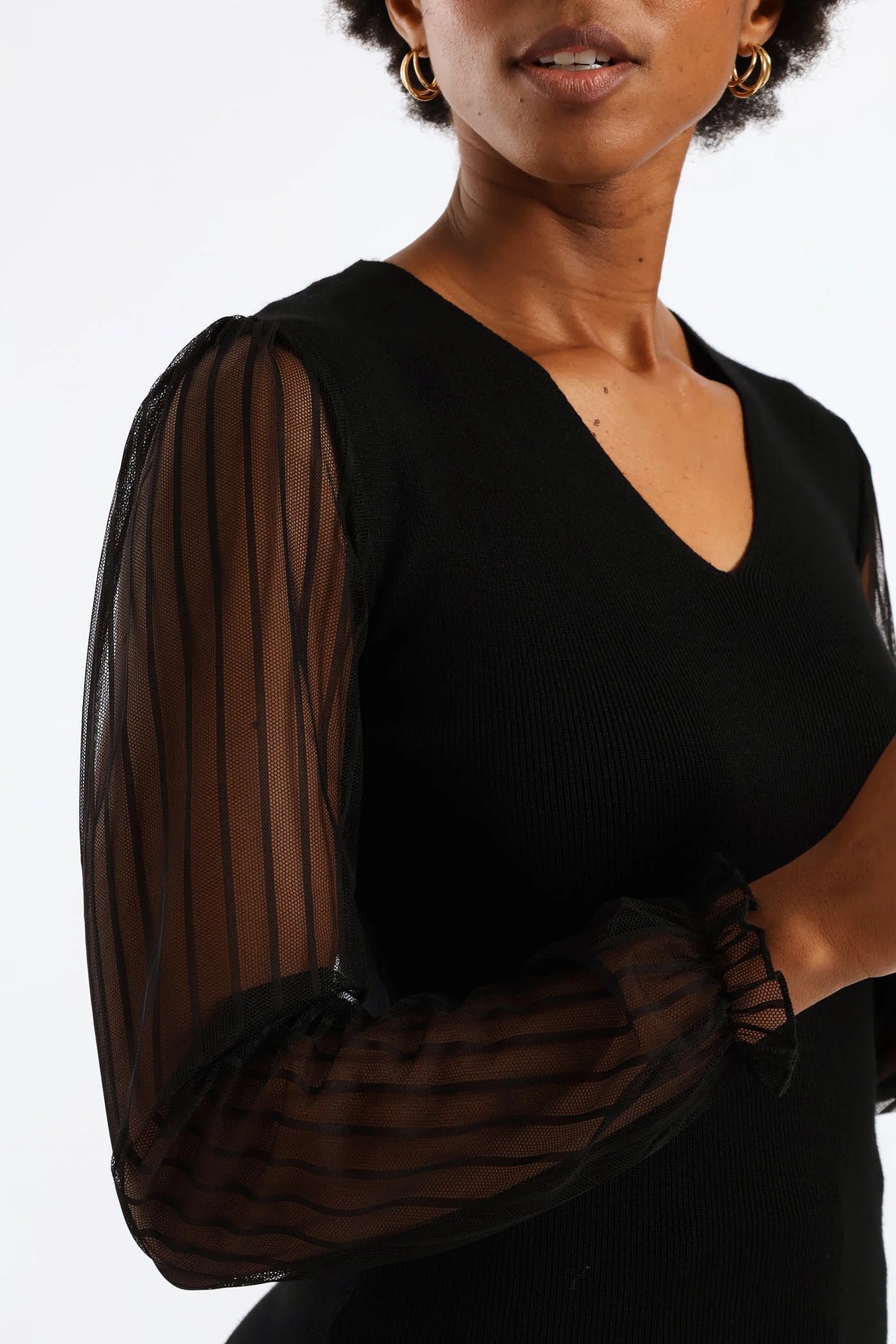 V-Neck Knitwear Combo Pullover - Black - Image 2