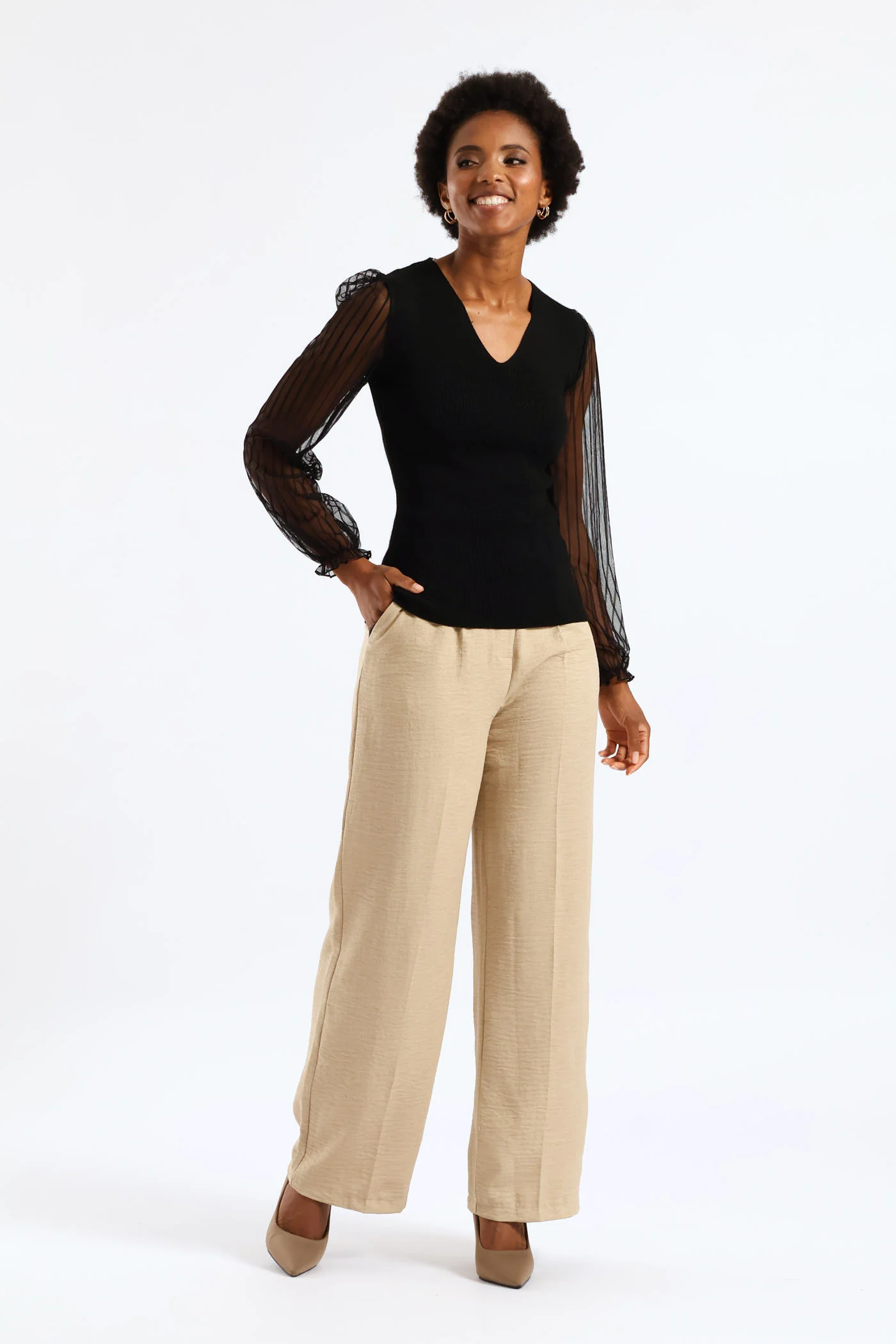 V-Neck Knitwear Combo Pullover - Black - Image 5