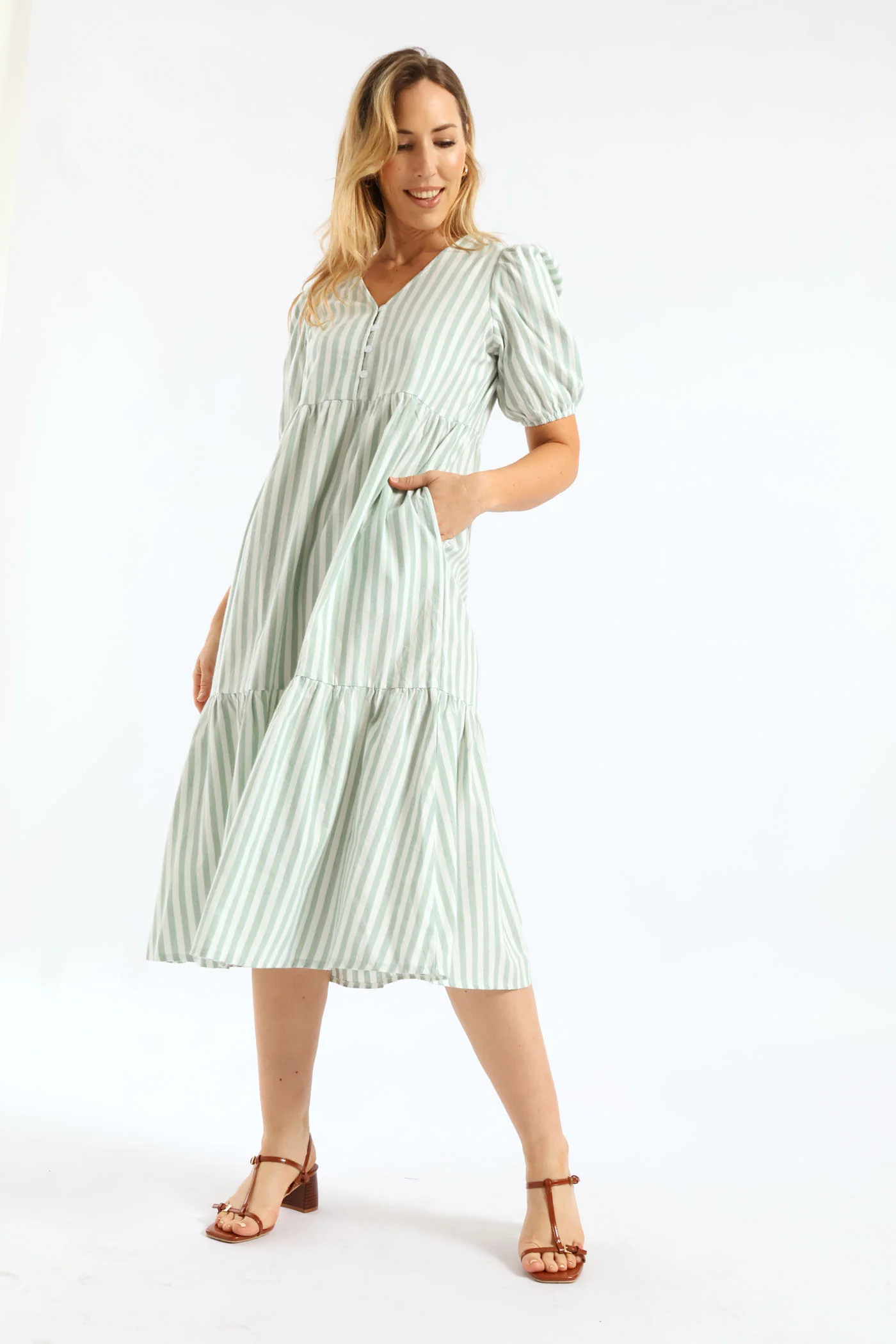 V-Neck Linen Blend Stripe Tiered Maxi Dress - Teal - Image 2
