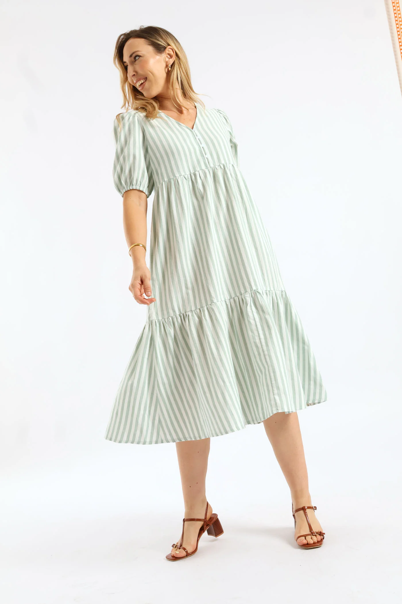 V-Neck Linen Blend Stripe Tiered Maxi Dress - Teal - Image 3