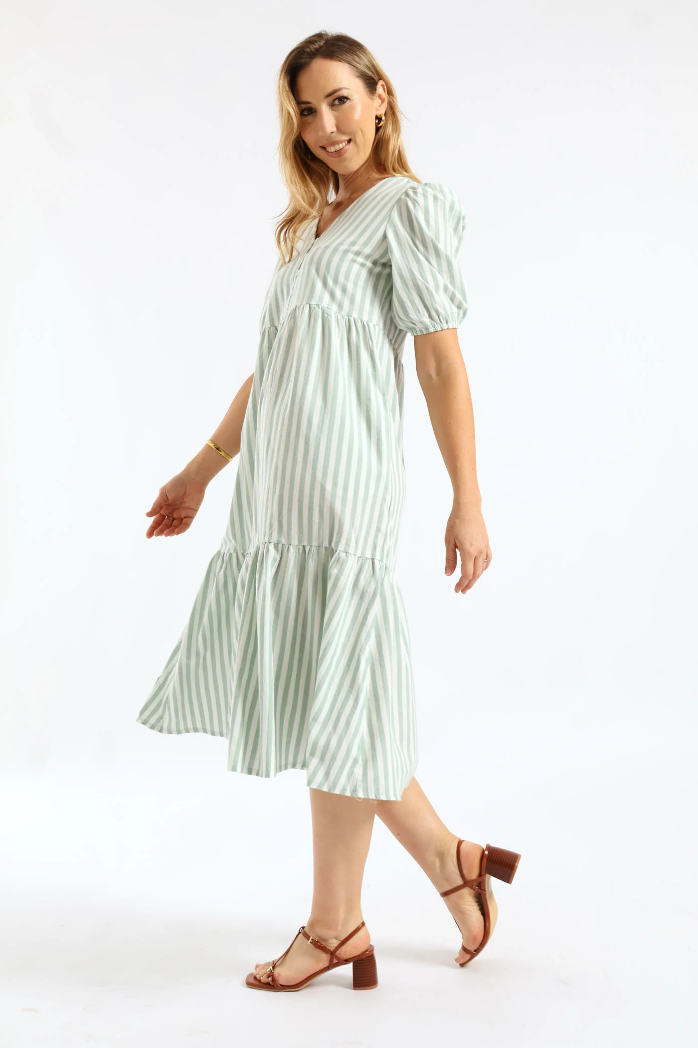 V-Neck Linen Blend Stripe Tiered Maxi Dress - Teal - Image 4