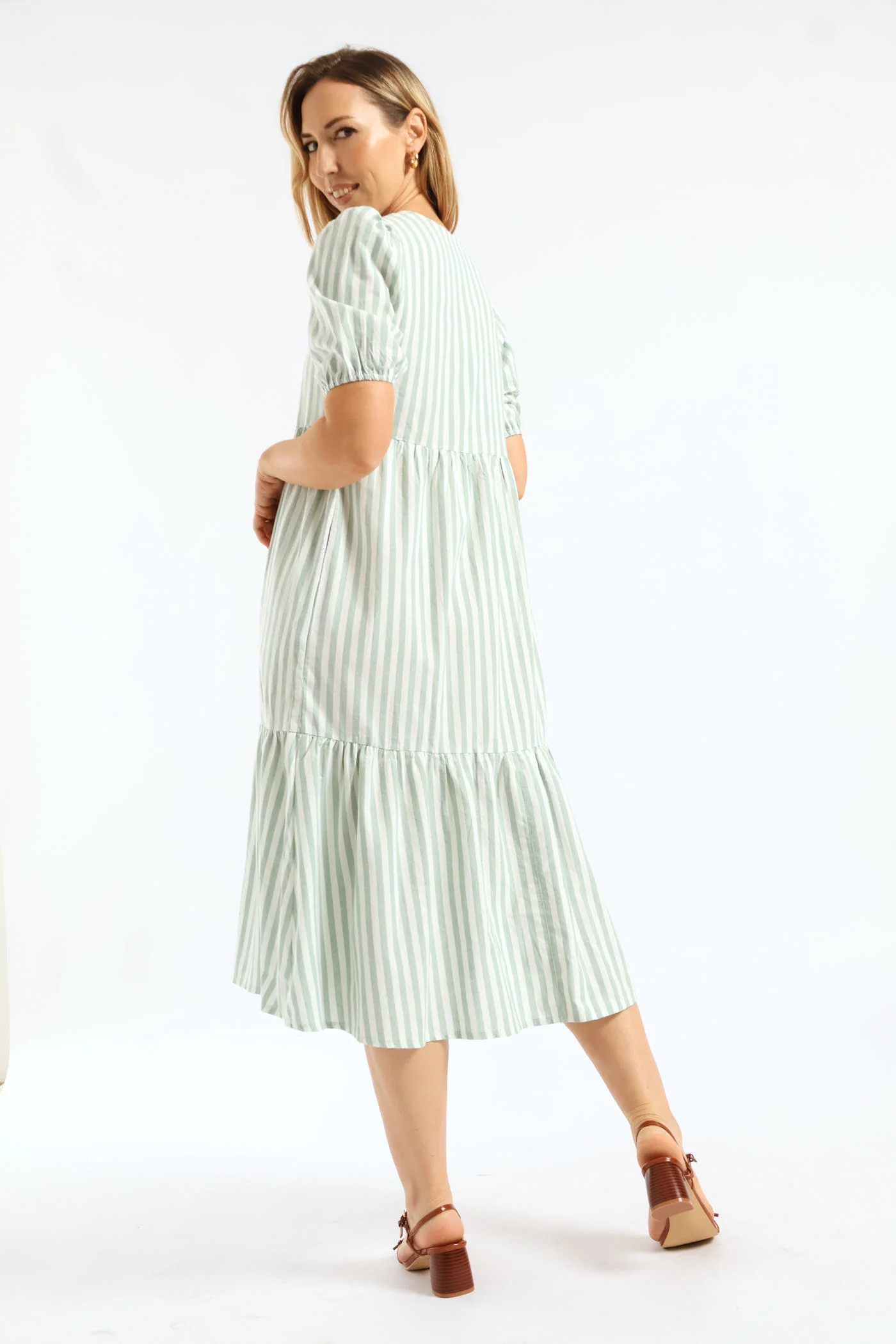 V-Neck Linen Blend Stripe Tiered Maxi Dress - Teal - Image 5