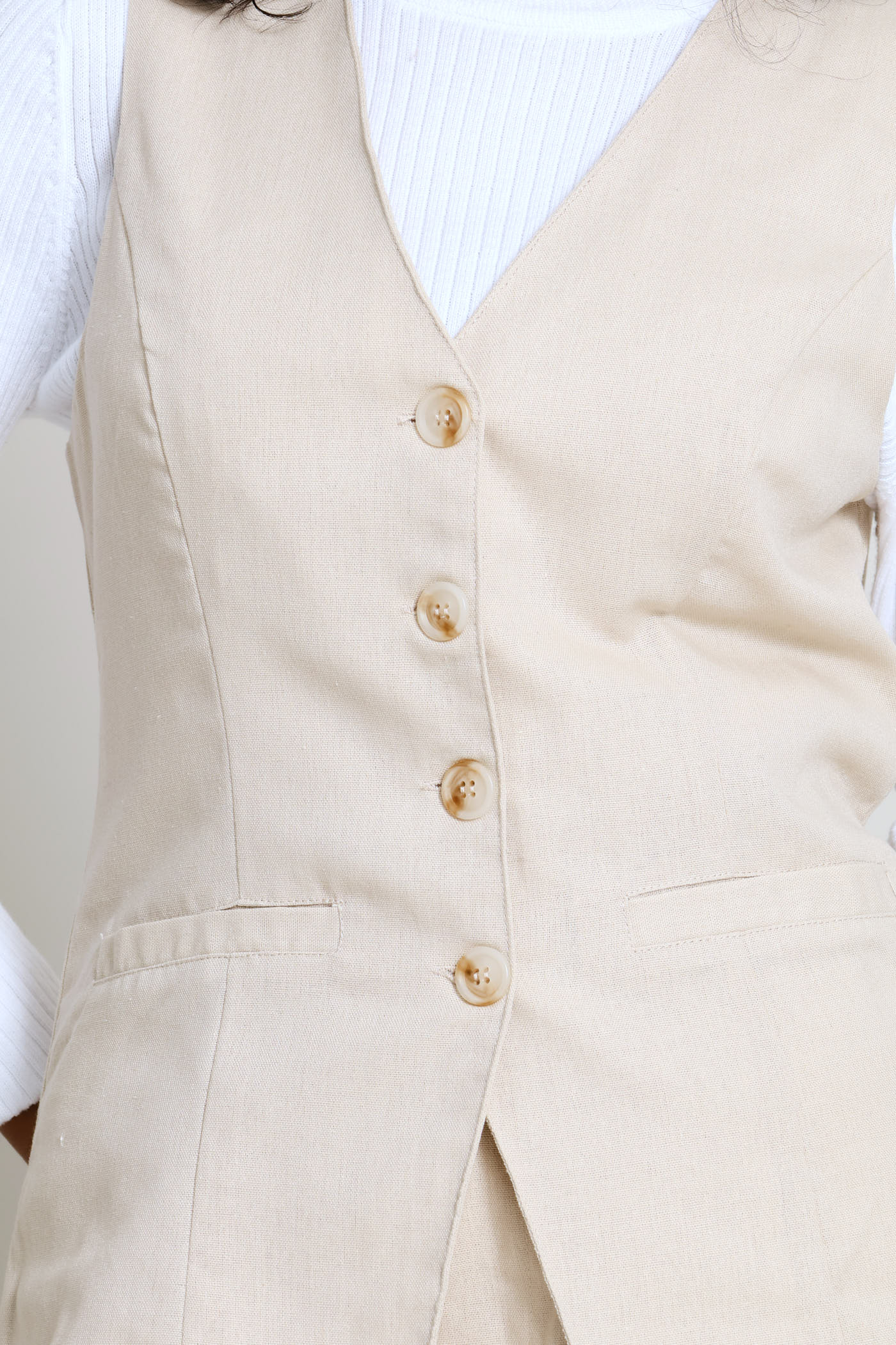 V-Neck Long Length Waistcoat - Light Stone - Image 2