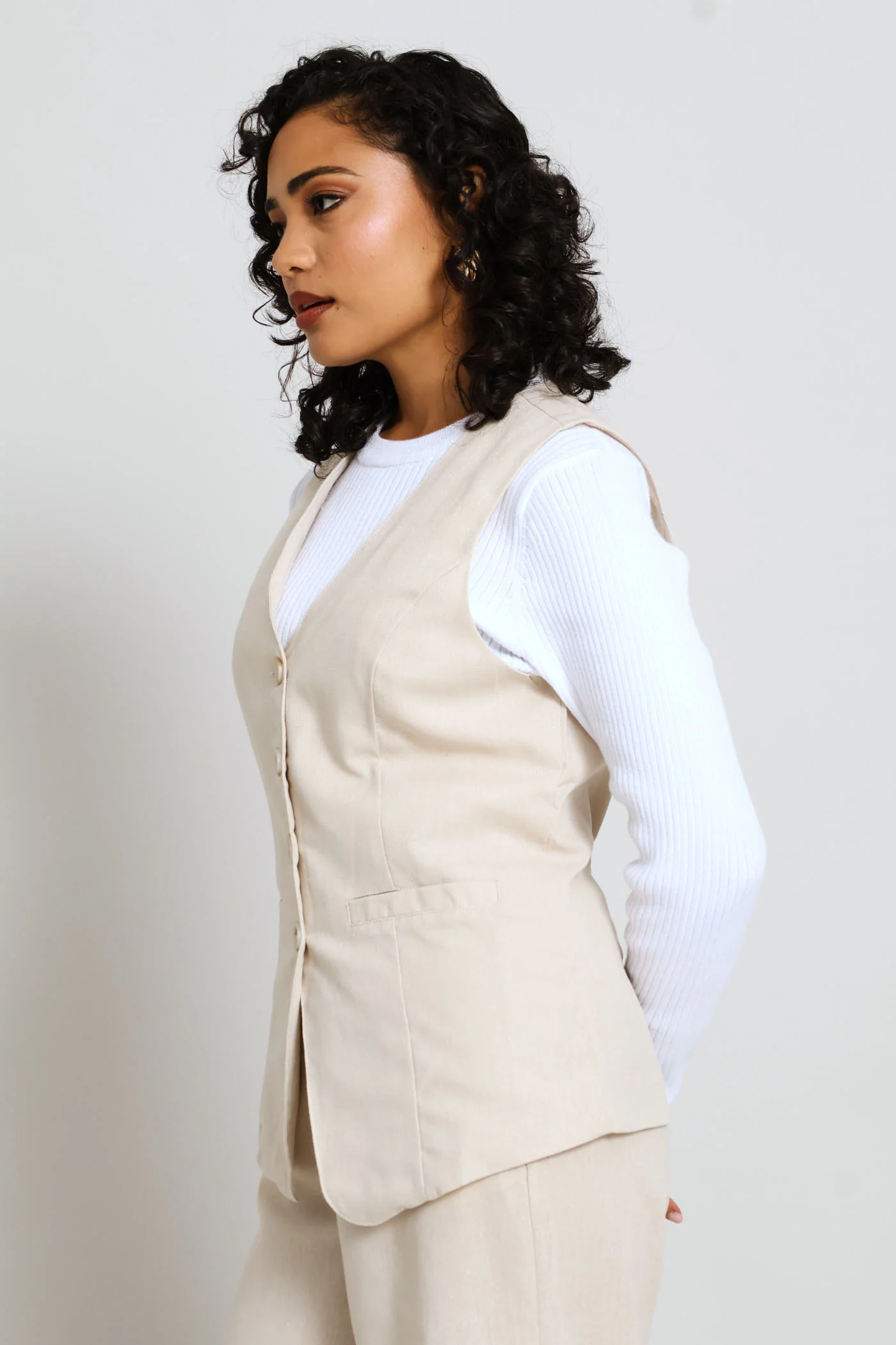 V-Neck Long Length Waistcoat - Light Stone - Image 3