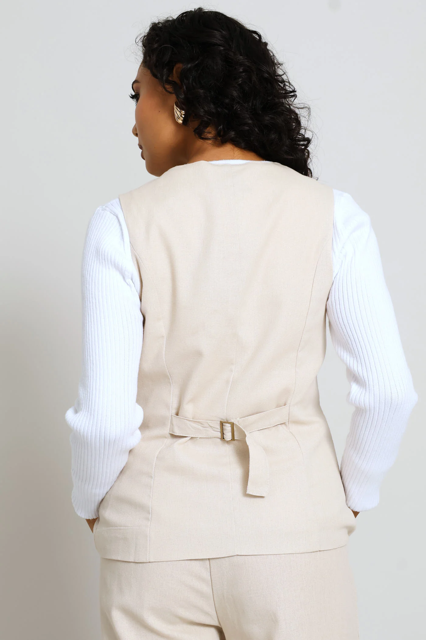 V-Neck Long Length Waistcoat - Light Stone - Image 4