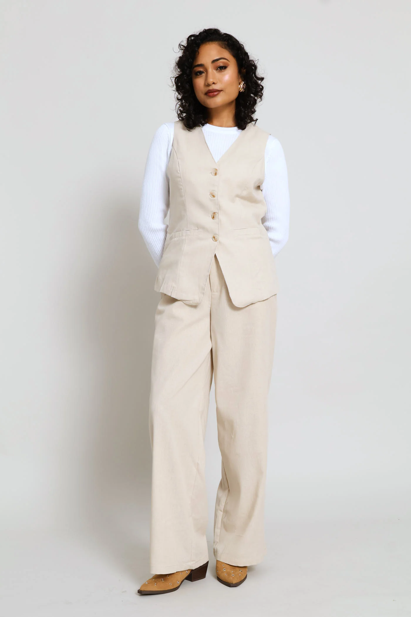 V-Neck Long Length Waistcoat - Light Stone - Image 5