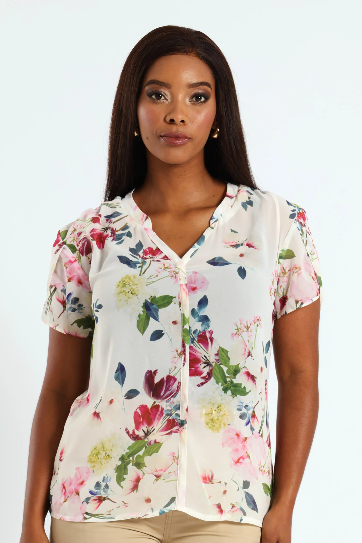 V-Neck Mandarin Collar Blouse - Cream - Image 2