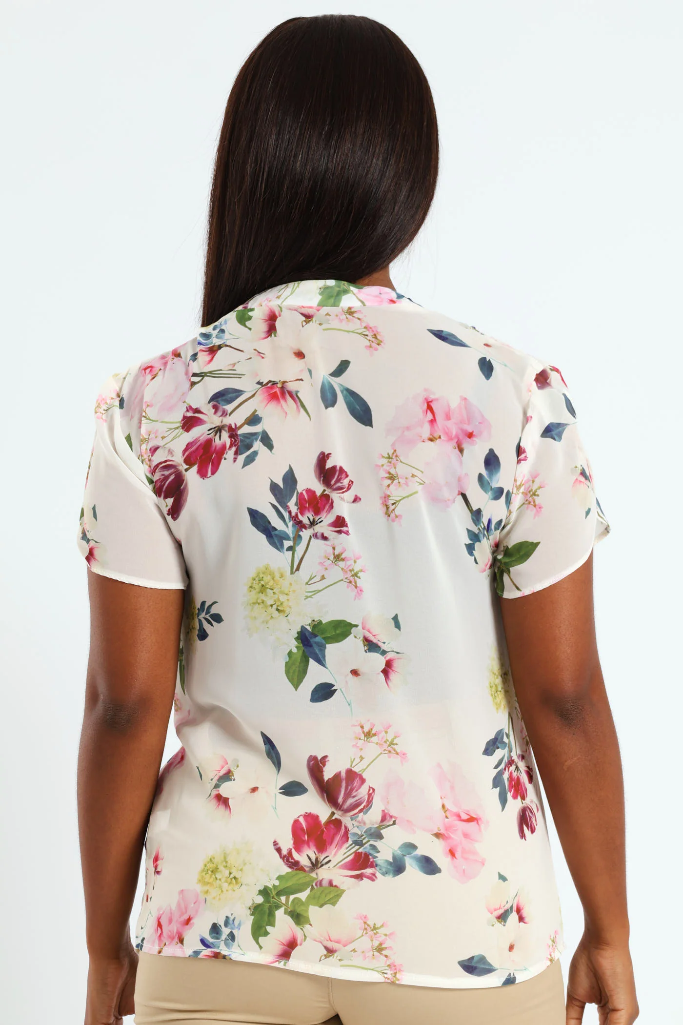 V-Neck Mandarin Collar Blouse - Cream - Image 4