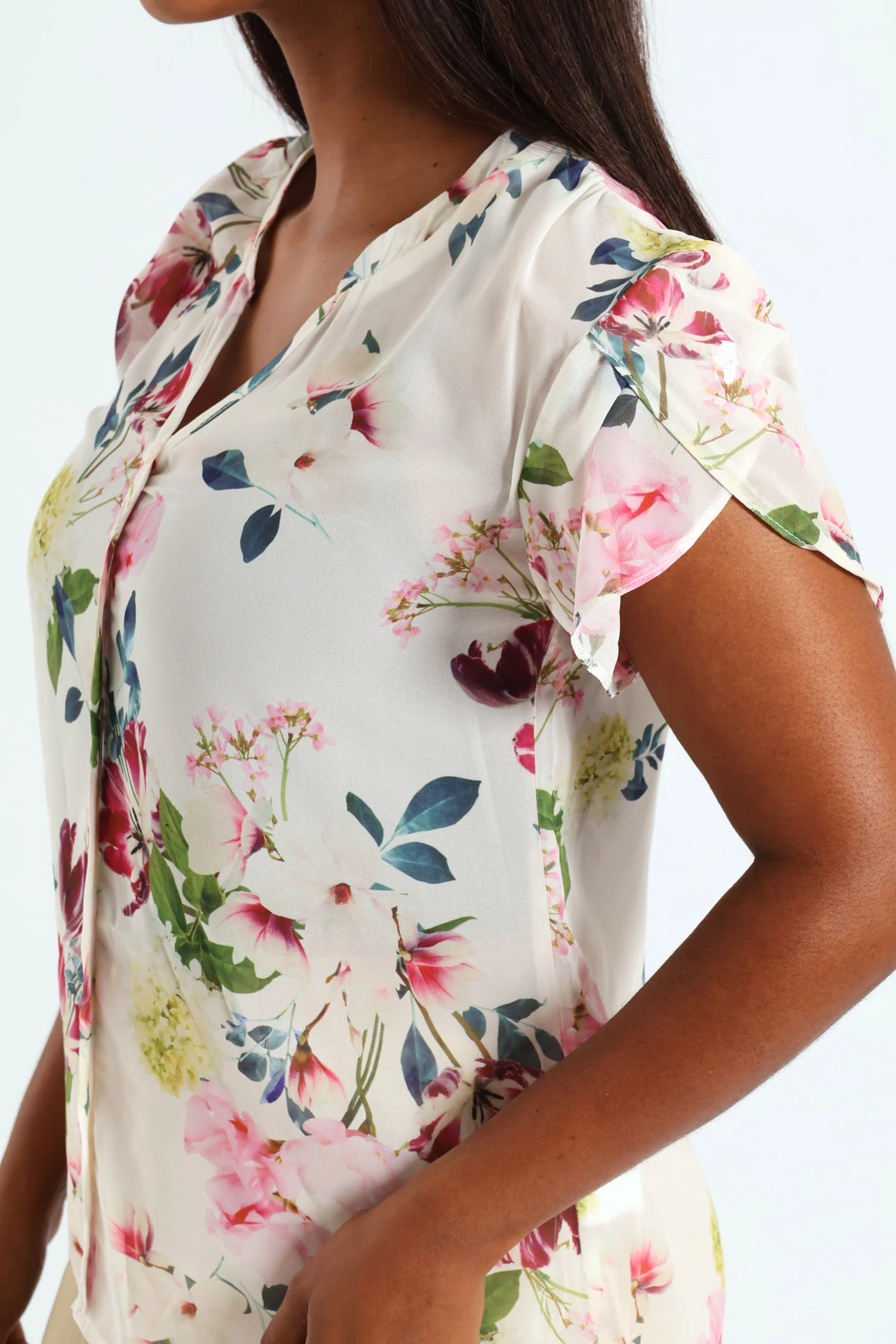 V-Neck Mandarin Collar Blouse - Cream - Image 5