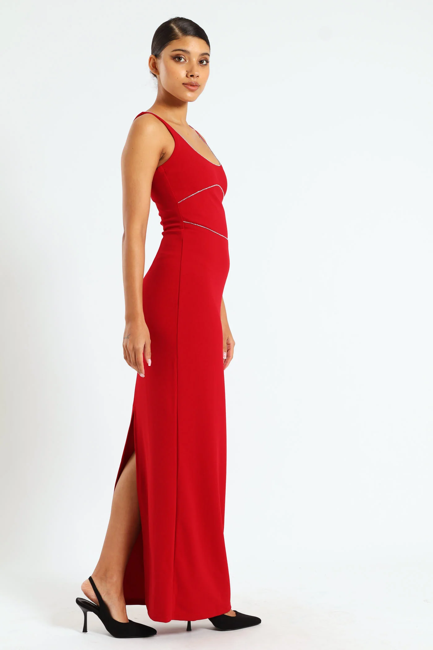 V-Neck Maxi Dress With Trim - Red - Image 2