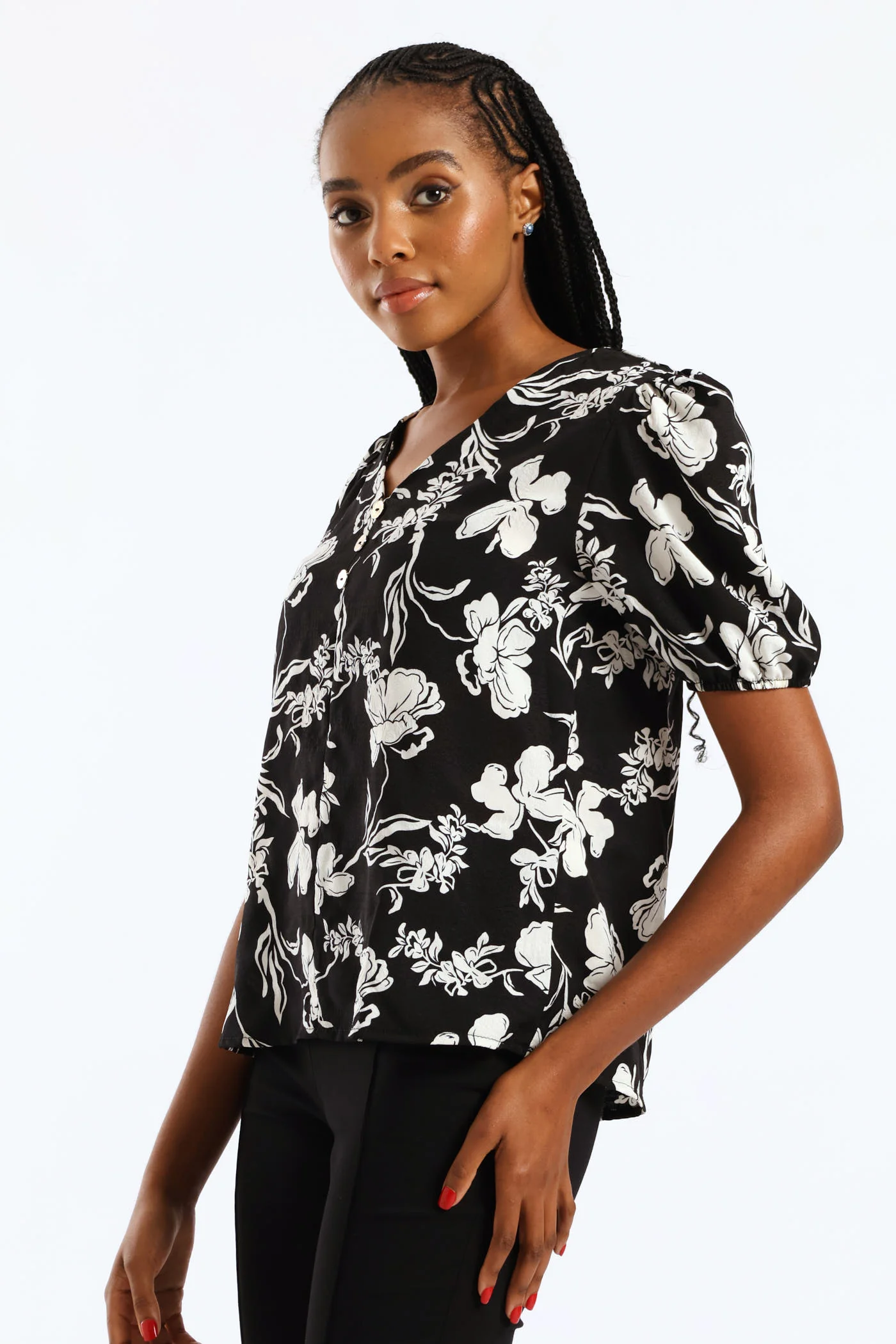 V-Neck Monochrome Floral Blouse - Black/Cream - Image 3
