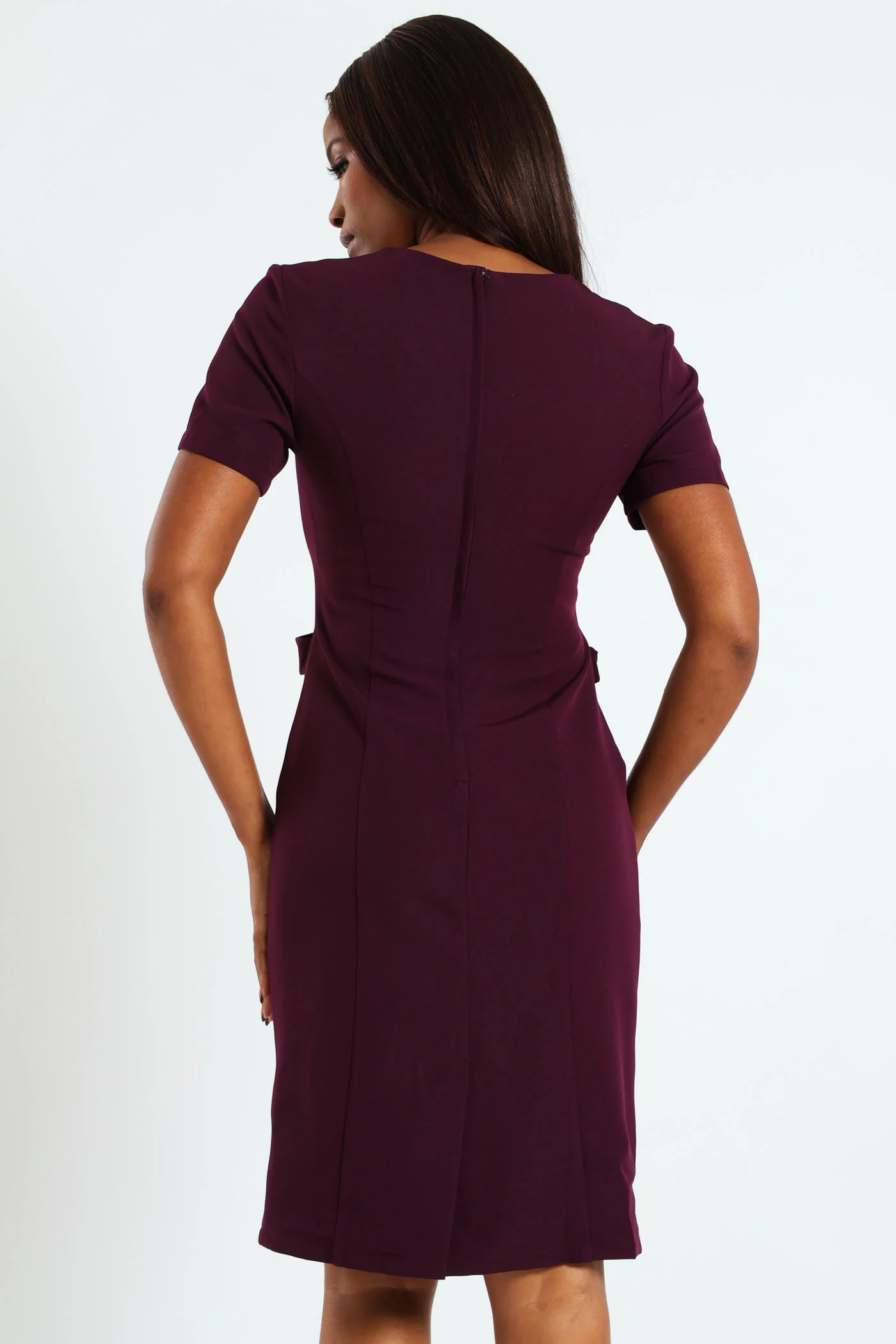 V-Neck Notch Side Tab Pencil Dress - Plum - Image 6
